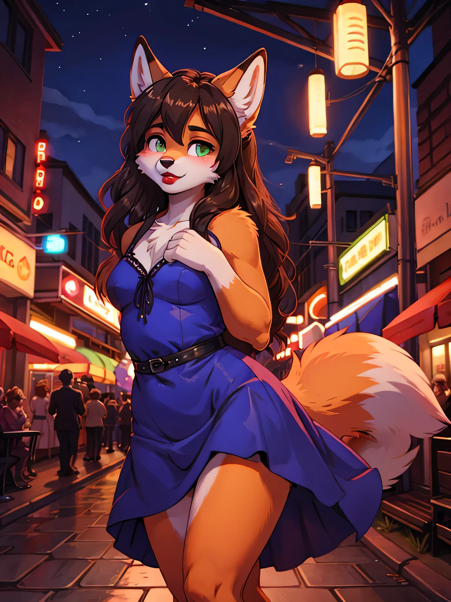 Best quality, furry male fox with green eyes, with brown long hair, with black spout, with red lipstick on lips, big lips, in a blue dress, crossdressing, cute shy, shows its charms, sexy pose, stands seductively against the backdrop of a night park 