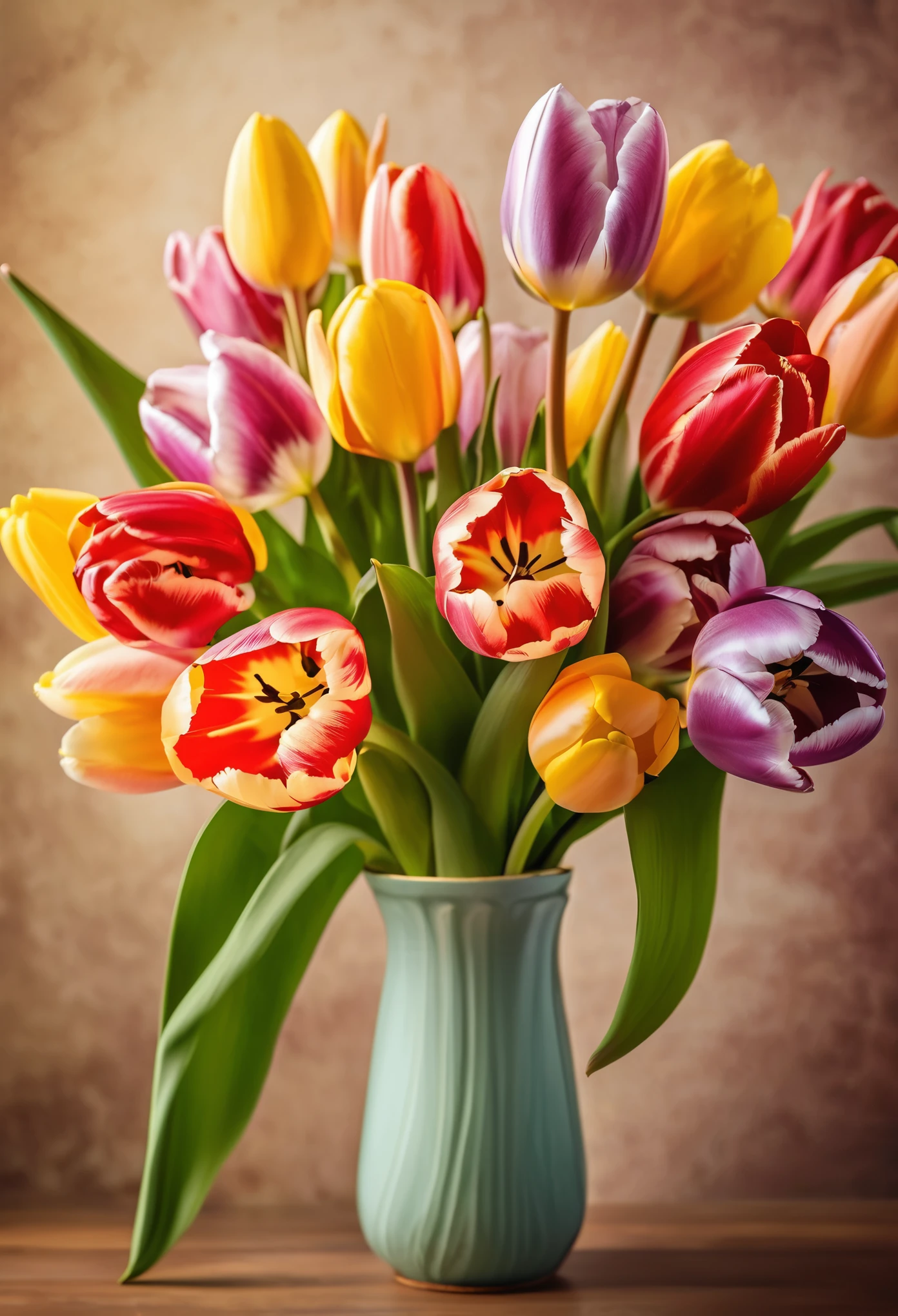 detailed tulips in a vase, beautiful tulip flowers, elegant floral arrangement, intricate petals, delicate colors, soft lighting, warm tones, photorealistic, 8k, high resolution, stunning detail, masterpiece