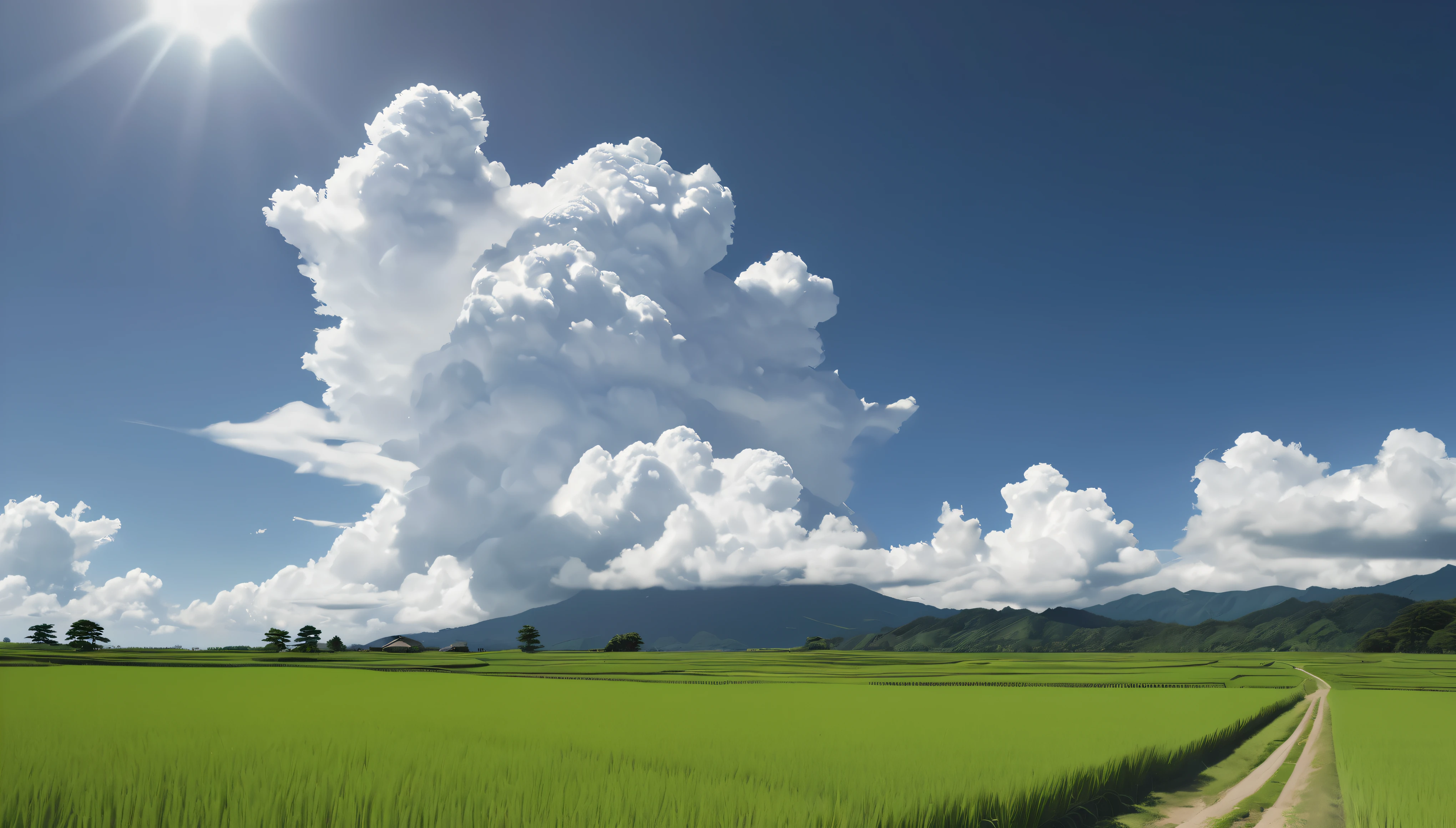 a peaceful rural japanese landscape, lush green rice fields, winding unpaved roads, summer day, clear sky, towering cumulus clouds, midday sunlight, (best quality,4k,8k,highres,masterpiece:1.2),ultra-detailed,(realistic,photorealistic,photo-realistic:1.37),high resolution,ultra high resolution,studio lighting,vivid colors,professional