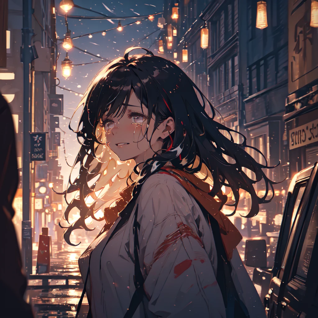 The starting point of a universal miracle,barrenwort,A beautiful girl crying at the bottom of the night, streaked hair, messy hair, long hair, expressive hair, evil smile, Surrealism, cinematic lighting, overexposure, uhd, uhd, masterpiece, textured skin, high details, best quality, highres, award winning
