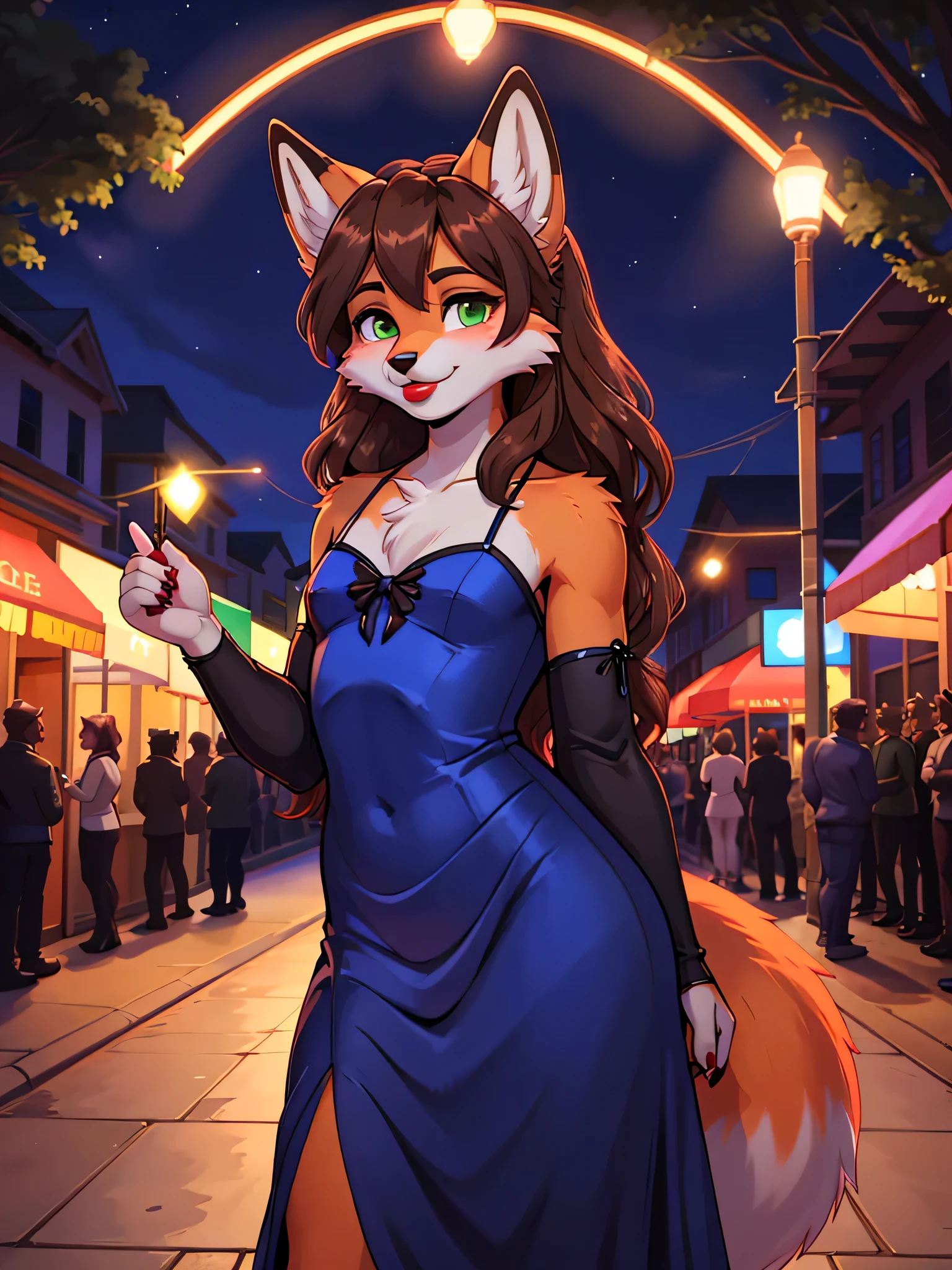 Best quality, furry male fox with green eyes, with brown long hair, with black spout, with red lipstick on lips, big lips, in a blue dress, crossdressing, cute shy, shows its charms, sexy pose, stands seductively against the backdrop of a night park