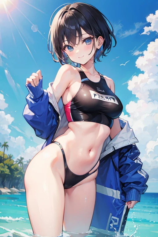 NSFW, Boyish, racing swimsuit, normal breast, short hair, short, black hair, smile