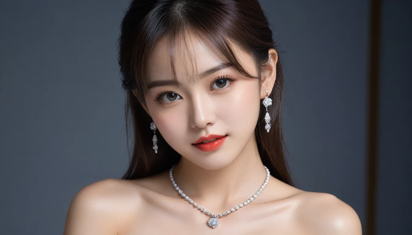 8k, Ultra-high resolution, Highest quality, masterpiece, 三分割法によるphotograph,Surreal, photograph, 1 Girl, (16 years old:1.3), pretty girl, Cute Face, 細部までBeautiful Eyes, 細かくdetailedに,masterpiece,One Girl:1.2,Japanese female announcer,close up,light smile,Black Hair,Curtain bangs,Super Beautiful Girl 4,((1 girl:1.4)),Shine, Natural skin texture、(Stylish clothes:1.4),(The highest rank of ceremonial attire),Attractive girl、16 years old、(Perfect female body:1.4)、(女の子のポートレートphotograph:1.4)、(Photorealistic images:1.4),Fantasy art,(Beautiful Face:1.4)、Beautiful breasts,Beautiful and attractive eyes、Beautiful Eyes、(Tight waist:1.4)、(Beautiful girl with perfect body proportions:1.4),Red lips,(choker:1.4、necklace:1.4、Earrings:1.4),Looking at the audience,(((Ideal body type))),A-cup small breasts :2,、Portraiture:2、Perfect Anatomy、鮮明なdetailed、detailed,Fashion magazine cover,Thin lips,Gray background ,完璧でBeautiful Face ,完璧でCute Face, Skin with attention to detail, Perfect limbs、Narrow waist,Looking at the audience,(((Ideal body type))),A cup small breasts :2,Portraiture:2,Perfect Anatomy,鮮明なdetailed,detailed,Surreal,Light and shadow,spotlight