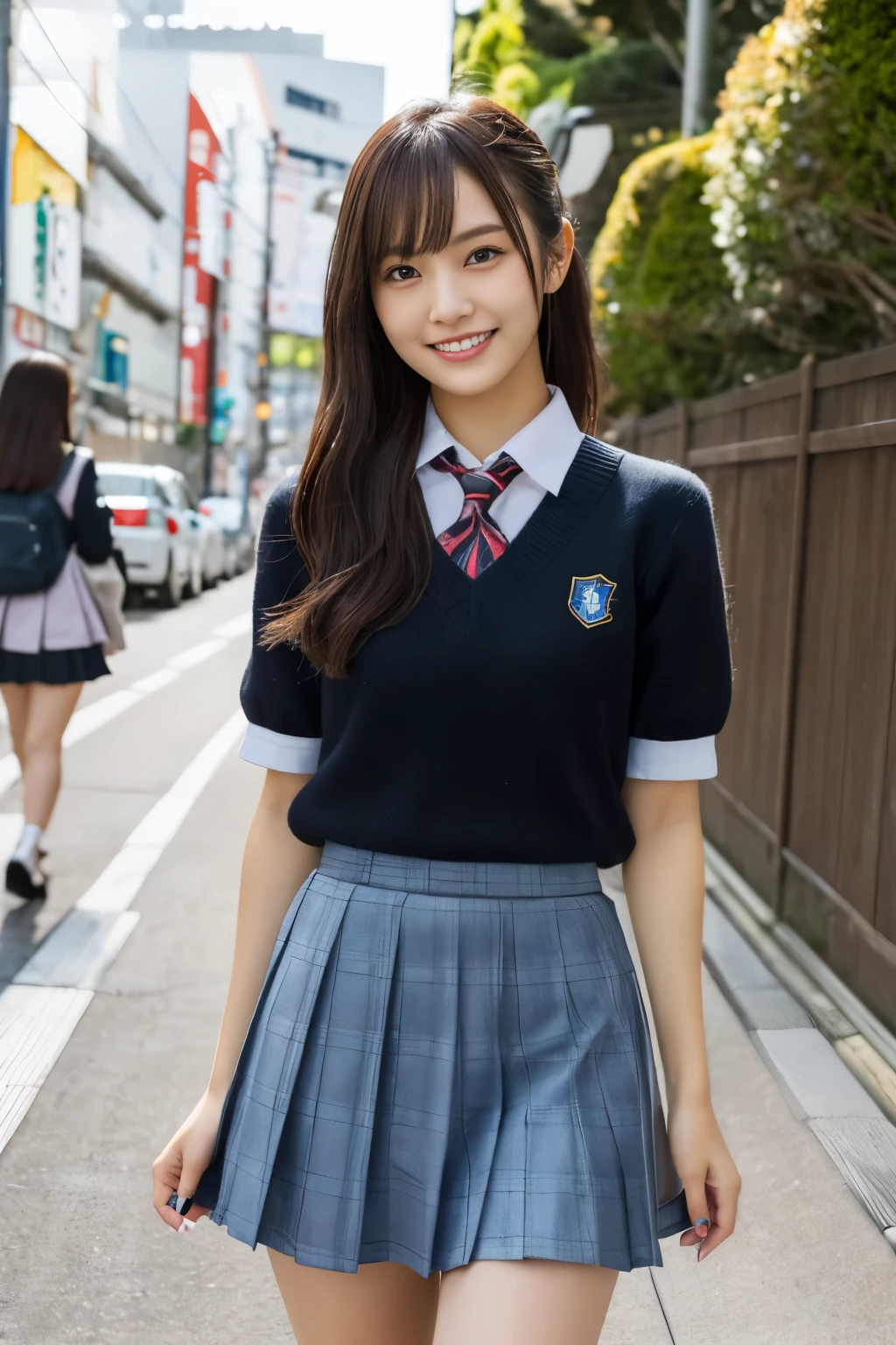 (8k, Highest quality, masterpiece: 1.2), (Realistic, Realistic: 1.37), Very detailed, One girl, beauty, cute, smile, alone, (Nose redness), (smile: 1.15), Beautiful Eyes, (Long Hair: 1.2), Floating Hair NovaFrog Style, whole body, (Huge breasts:1.0), (((cute Japan Beautiful Girl))), (Beautiful attention to detail), (Highest quality), (Ultra-detailed), (masterpiece), (school uniform:1.4), (Very mini skirt:1.4), (Model-like body), (Long legs)