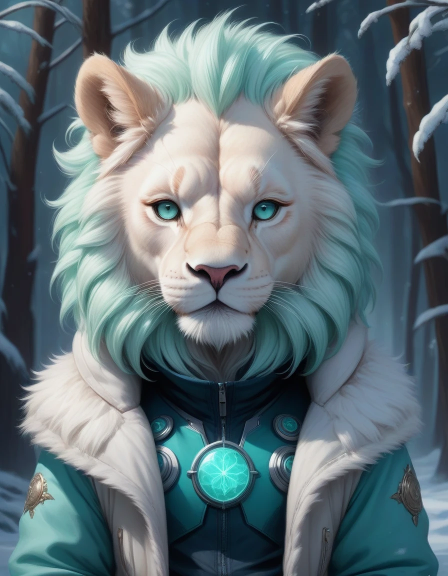 aesthetic portrait commission of an albino furry anthropo lion wearing a beautiful mint color, cozily, winter outfit in soft pastel colors. winter atmosphere character design by Charlie Bowater, ross tran, artgerm, e Makoto Shi, futuristic healthcare, Albino Lion,