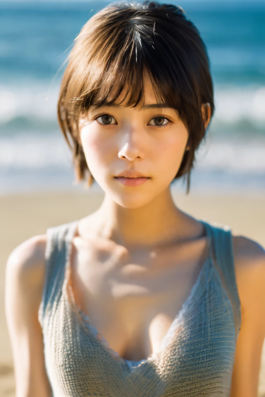 8k, highest quality, masterpiece, super high resolution, (realistic:1.4), RAW Photos, (Film Grain:1.3), One Girl, portrait of a skinny Japanese woman, 30 years old, standing on the beach, a cute face, detailed face, detailed eyes, {short|long} hair, correct body anatomy, photogravure