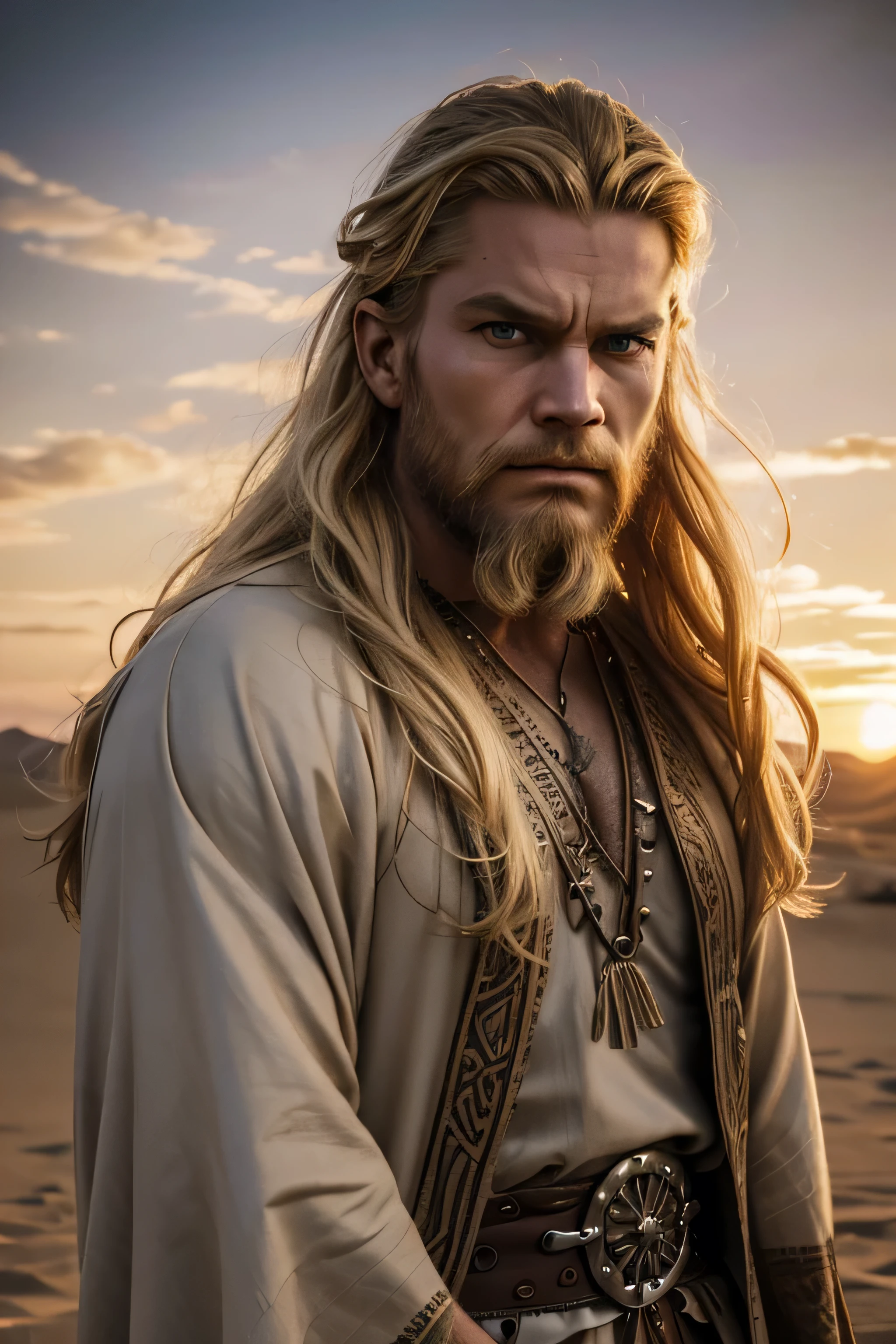 1 male viking, long blond hair, rough beard, wearing a caftan, ugly face, 25 years old, desert background, absurdres, high res, ultrasharp, 8K, masterpiece, the image should be of absurd resolution and high detail. It should be ultra-sharp and available in 8K resolution, representing a masterpiece in image quality.