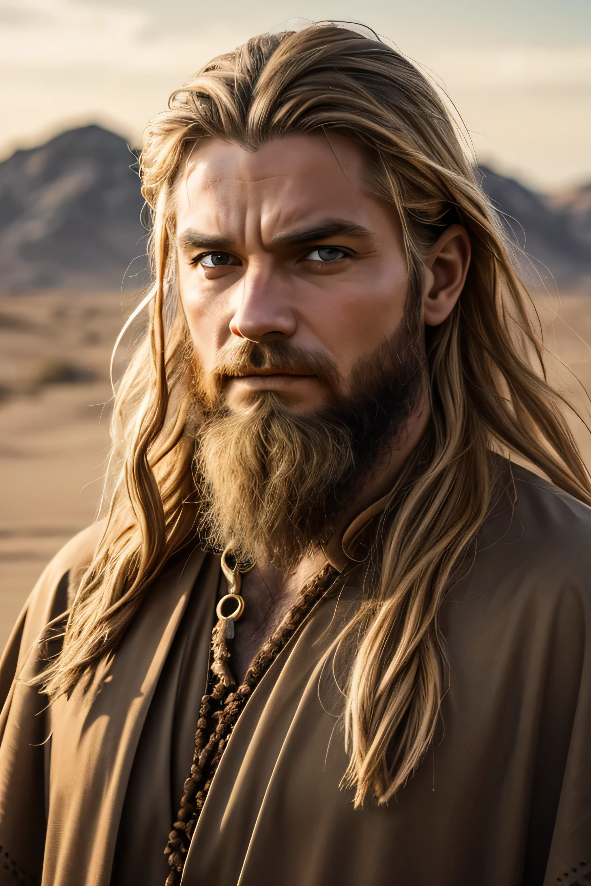 1 male viking, long blond hair, rough beard, wearing a caftan, ugly face, looking angry, 30 years old, desert background, absurdres, high res, ultrasharp, 8K, masterpiece, the image should be of absurd resolution and high detail. It should be ultra-sharp and available in 8K resolution, representing a masterpiece in image quality.