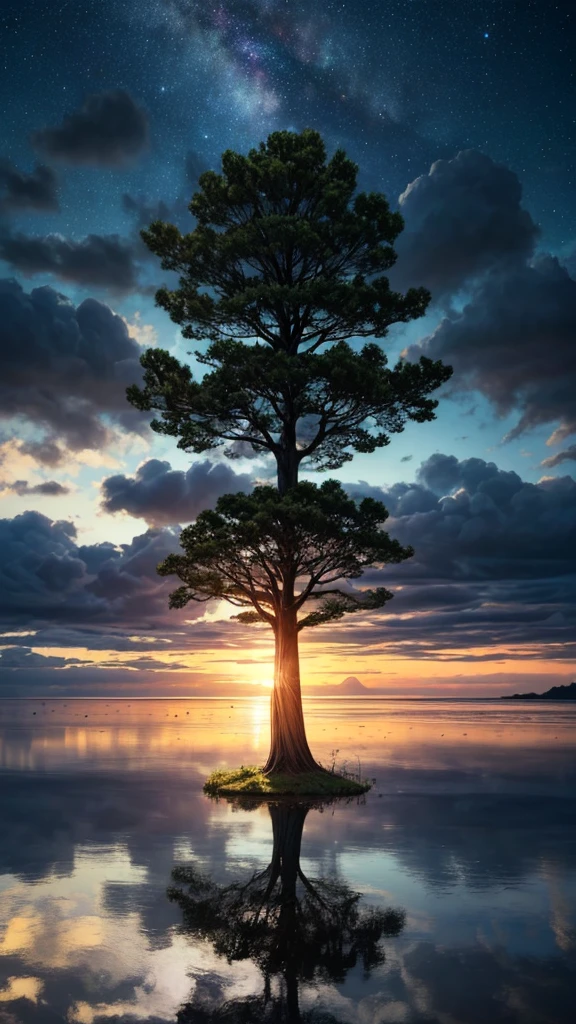 A towering tree, There is a big tree on the island in the lake, Tree trunks and branches pierce the sky, world Tree, Mysterious space, FOG, Floating Light, Soft lighting effects, bright, ((Wide-angle lens, Low angle shot:1.4)), (best quality:1.2, Very detailed, Detailed illustration, Attention to detail, masterpiece:1.2, Best aesthetics),