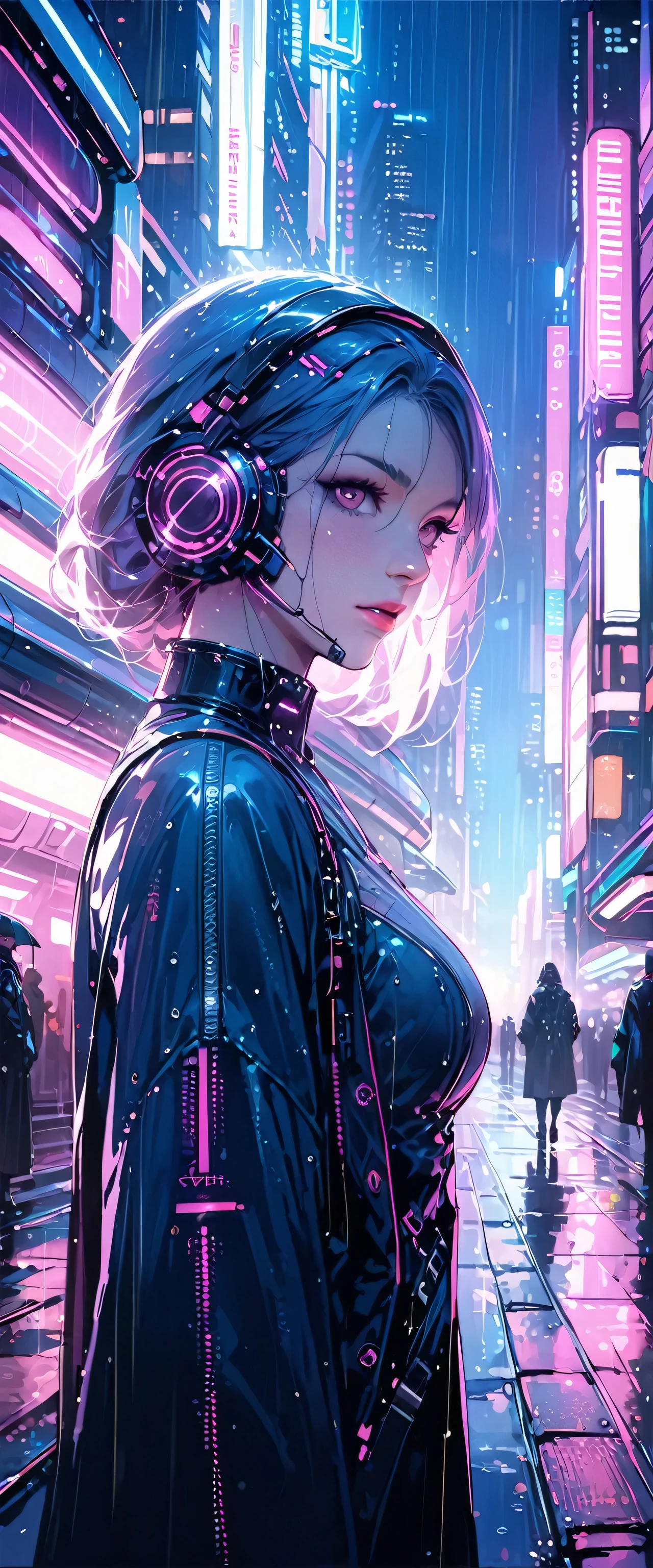 ((masterpiece)),((Highest quality)),((Attention to detail)),((Realistic,)) Future City, Architecture Street, Futuristic railway line, cyber punk, building, night, European cities, Rainy, neon