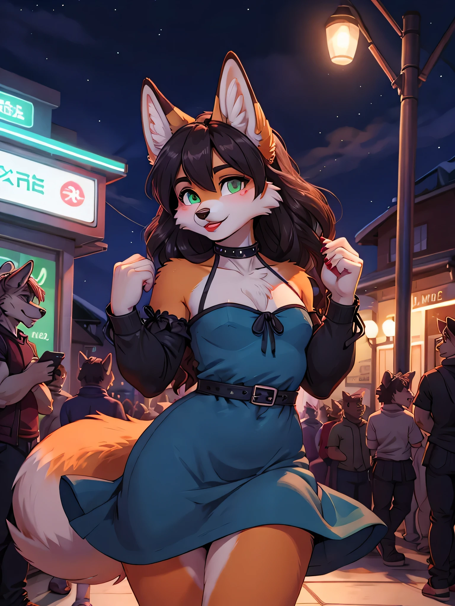 Best quality, furry male fox with green eyes, with brown long hair, with black spout, with red lipstick on lips, big lips, in a blue dress, crossdressing, cute shy, shows its charms, sexy pose, stands seductively against the backdrop of a night park