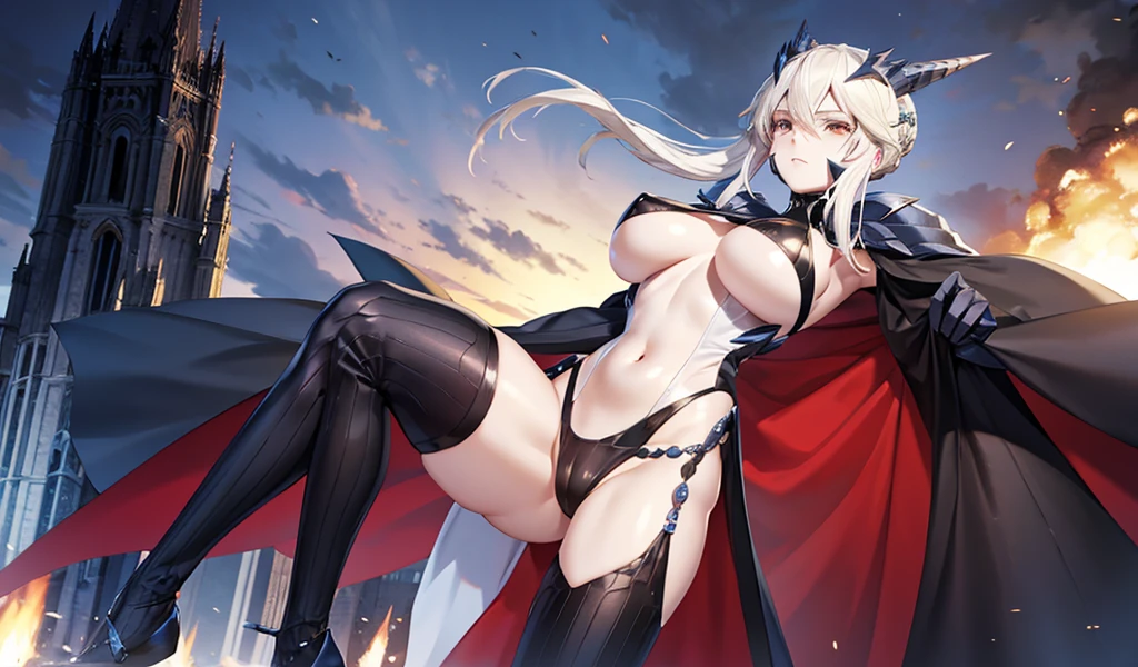 Adult female with white hair,slim figure,Queen,black knight armor,Black swimsuit,thigh,palace,castle