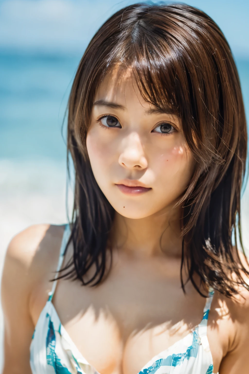 8k, highest quality, masterpiece, super high resolution, (realistic:1.4), RAW Photos, (Film Grain:1.3), One Girl, portrait of a skinny Japanese woman, 30 years old, standing on the beach, a cute face, detailed face, detailed eyes, {short|long} hair, correct body anatomy, photogravure