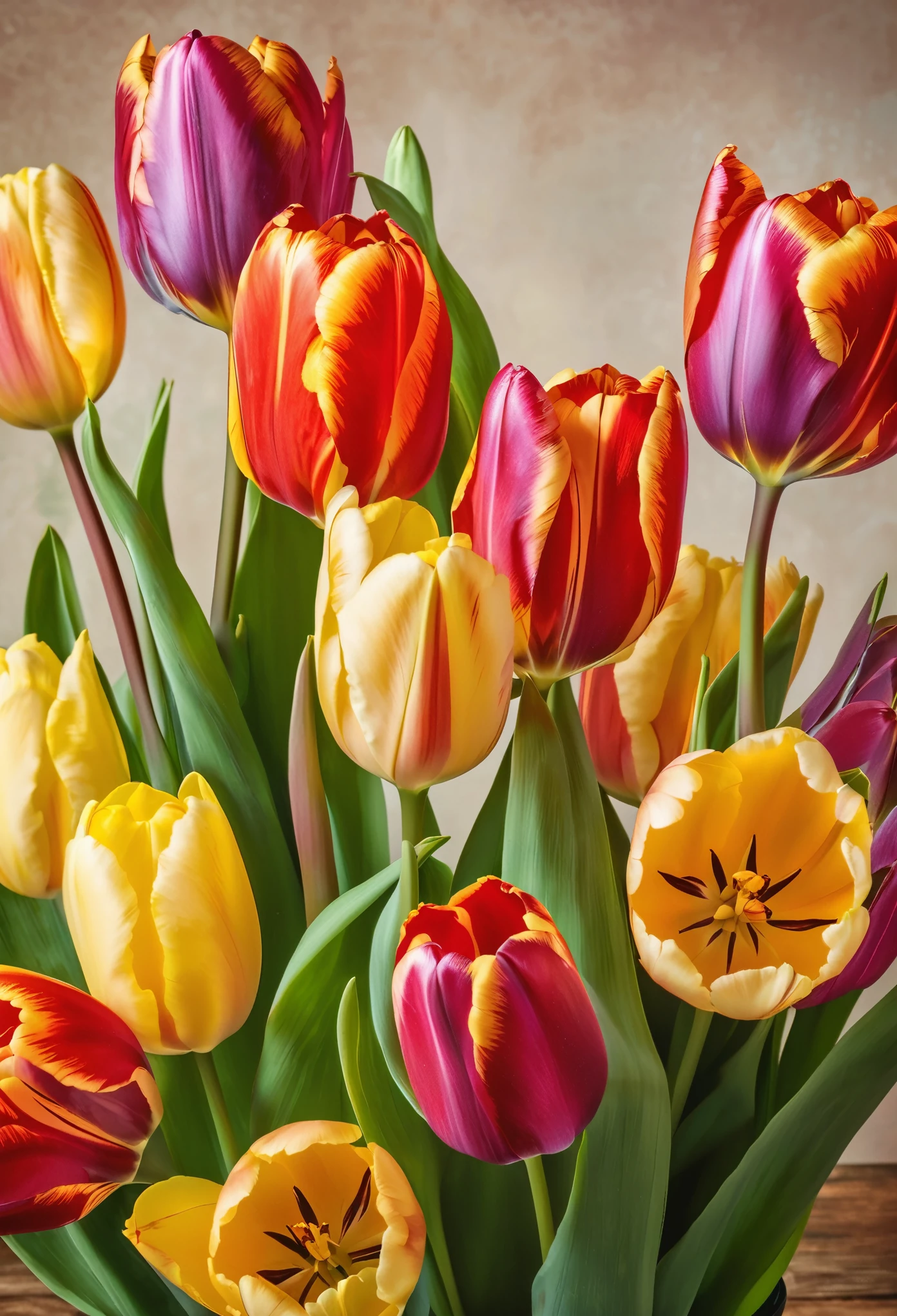 detailed tulips in a vase, beautiful tulip flowers, elegant floral arrangement, intricate petals, delicate colors, soft lighting, warm tones, photorealistic, 8k, high resolution, stunning detail, masterpiece