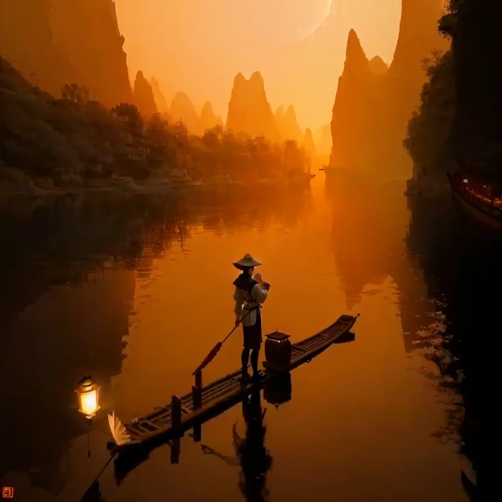 Lady Ara with a lantern on a raft on the river, Chinese scenery, Chinese Artsist, Fisherman, Chinese Arts, Fanhao Photography, Chinese, Stunning screensaver, Dreamy China, Stunning scenery, ancient China, traditional Chinese, Author Wang E, Warm and beautiful scene, Inspired by Lu Zhi, Chinese tradition, Chinese painting style, oriental scene