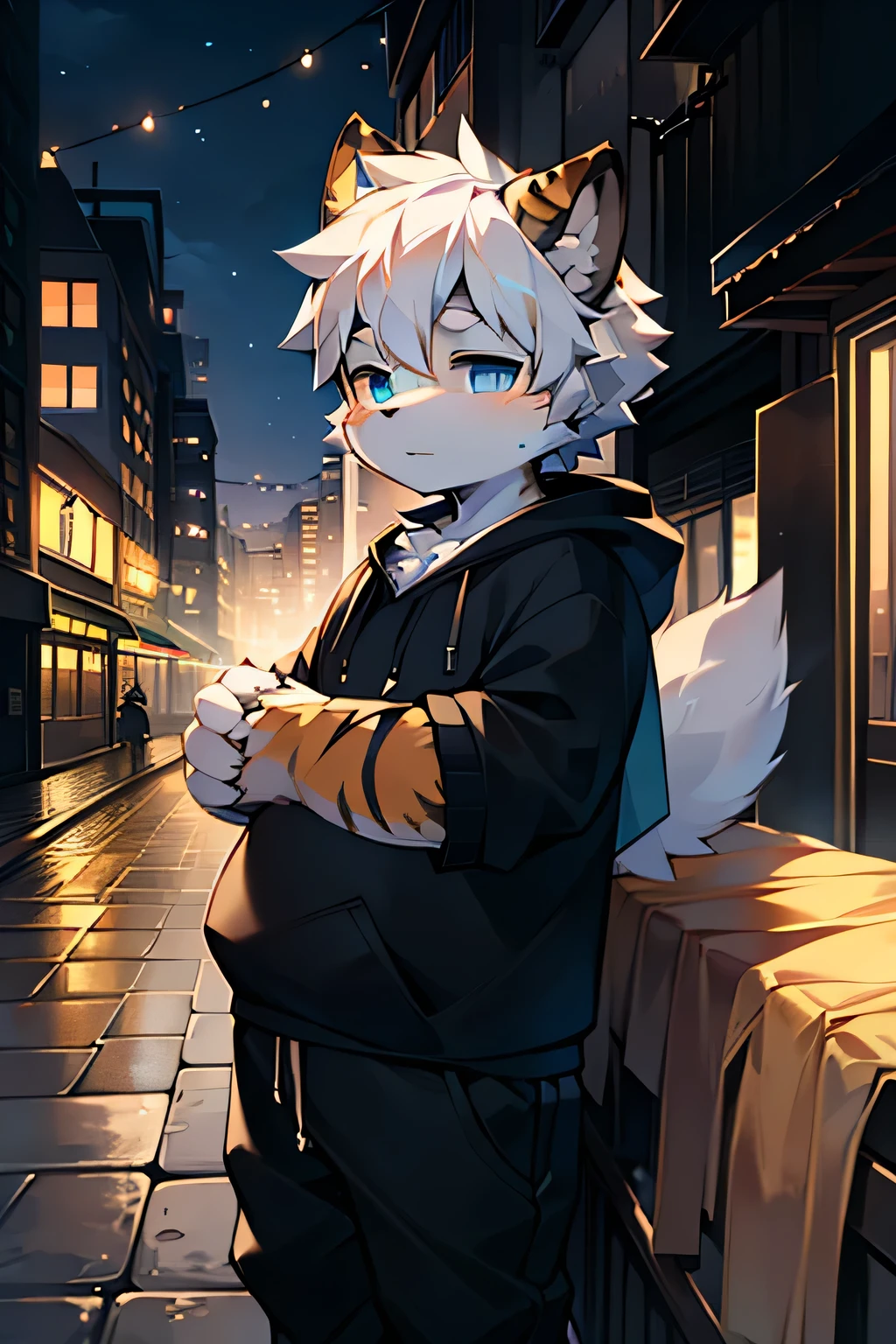 hairy,Fur,bodyfur,City,street,solo,Short sleeve,Rest, rest, rest,Boys,Tiger Boy,Dark blue hooded sweatshirt,trousers,cute,Shota,tall,Blue eyes,White hair,hairy,fat