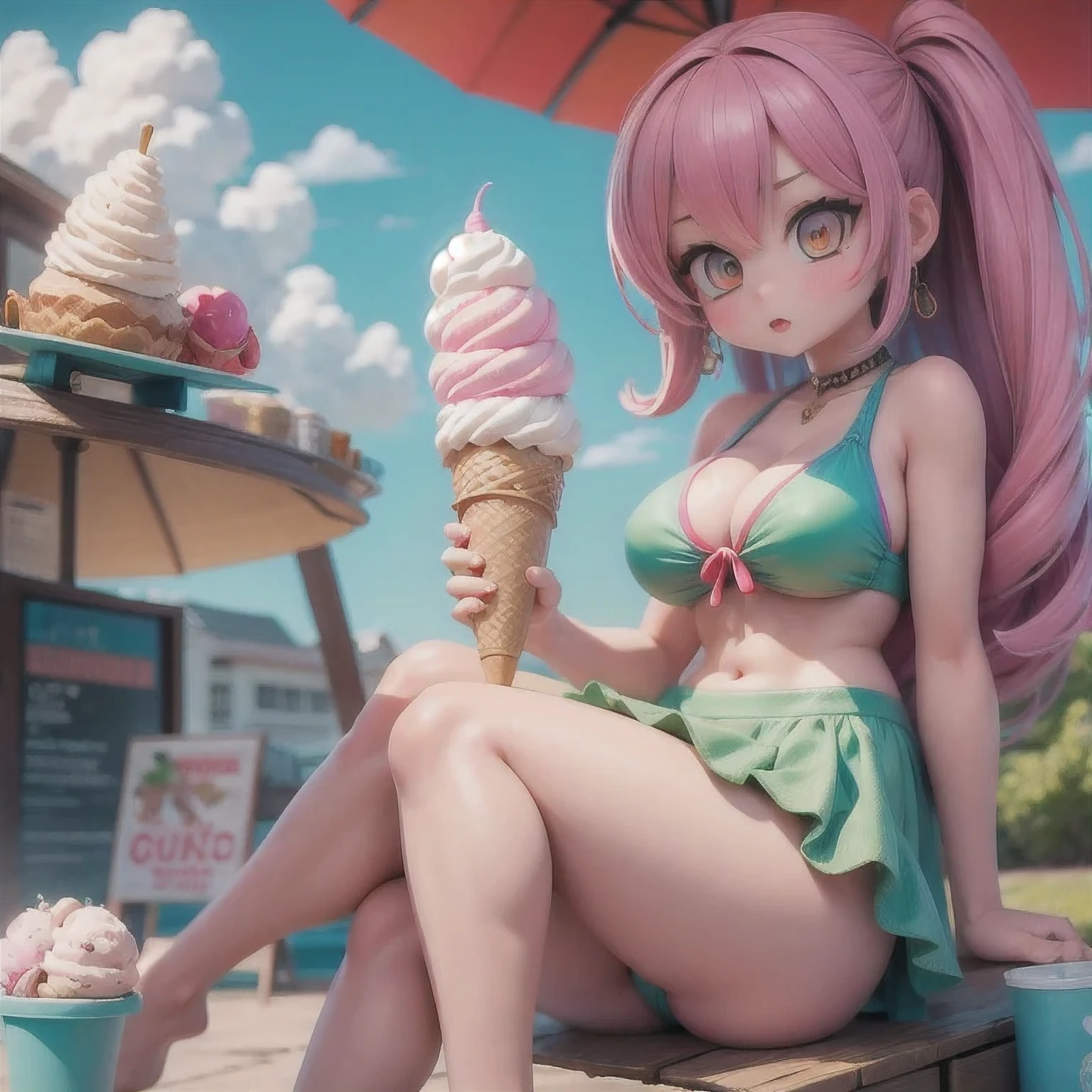 girl in a bikini eating an ice cream cone, eating ice cream, in a bikini, angela white, giorgia meloni, katy perry, in bikini, eating ice - cream, wearing spandex bikini, ice cream on the side, bikini, ice cream, wearing a bikini, candid photo of dirty, shiny plastic bikini, candid shot, cone, 1 girl, solo,in a green dress standing by a wall,portrait of female idol