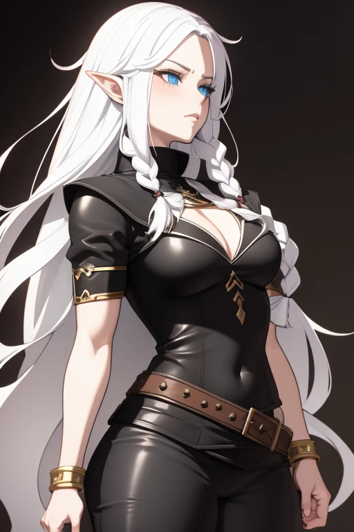 DnD anime art, barbarian, young half-elf, 20s, white skin, long white braided hair, heterochromatic eyes, dressed in closed black leather cape, long black sword