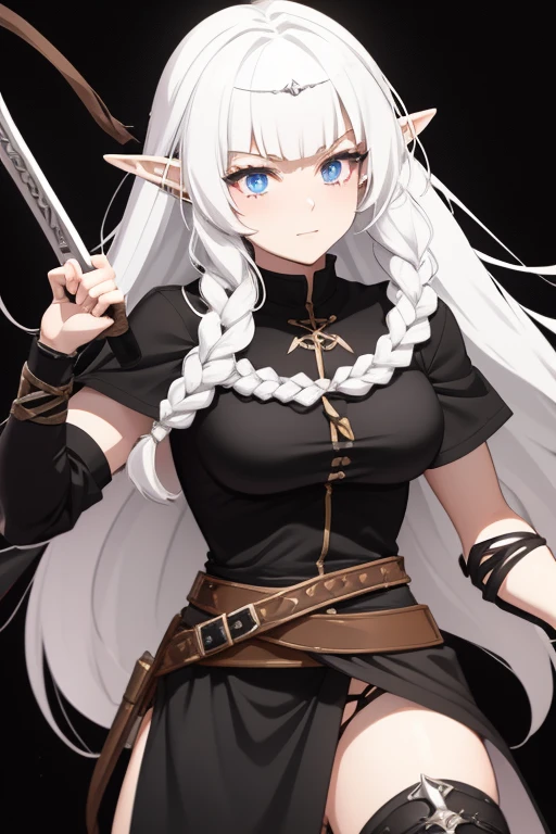 DnD anime art, barbarian, young half-elf, 20s, white skin, long white braided hair, heterochromatic eyes, dressed in closed black leather cape, long black sword