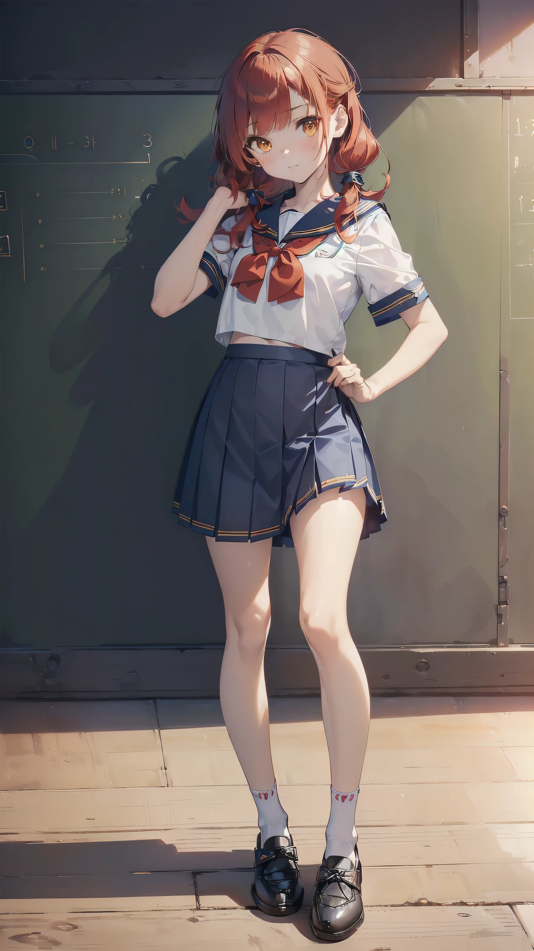 ((top quality, ultra-detailed, high resolution, extremely detailed CG, unity 8k wallpaper, by famous artist, perfect anatomy, super detailed skin, cinematic lighting, UHD, retina, anatomically correct, 1080P)), (Please draw a single one happy girl walking in a classroom school :1.3), ((1girl)), (Solo, face,13-year-old:2.0), a junior high school student, ((cute petit girl, chibi, babyface)) androgynous charm, (Medium hair, ((full red hair)) ((redhead)), pigtails, straight bangs, with a bow in her hair, ((very thin legs)), ((skinny legs, thin body, small build)), Full limbs, complete fingers, ((perfect fingers and hands)), flat chest, small breasts, childish body, small butt, groin, Beautiful detailed full yellow gold eyes, perfect eyes, sailor school uniform, ((blue skirt)) and white blouse, ((red bow on the blouse)), blue sailor collar, short sleeves, stockings, socks outlined with black stripe, shoes, (Detailed Lighting), ((classroom background)), (Detailed scenary background), ((in the school zone)), full body view, ((standing)), legs. Cute, kawaii single girl (one girl), full body shot. ((Background is the school)), front body, ((left hand up, right hand down)), ((little young 13 years old body:1.3))