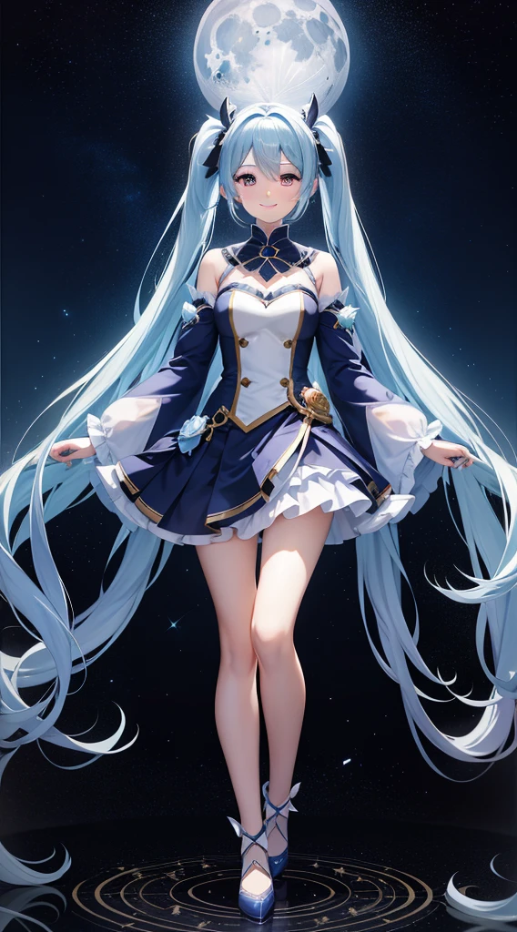 Full body description、Super Idol　Beautiful girl　Charming smile　Sky blue hair　Hair length　Twin tails　Sexy outfits that show off light and white skin　Mysterious　Fantasy　constellation　moon　Crystal Sparkle　Aurora in the night sky