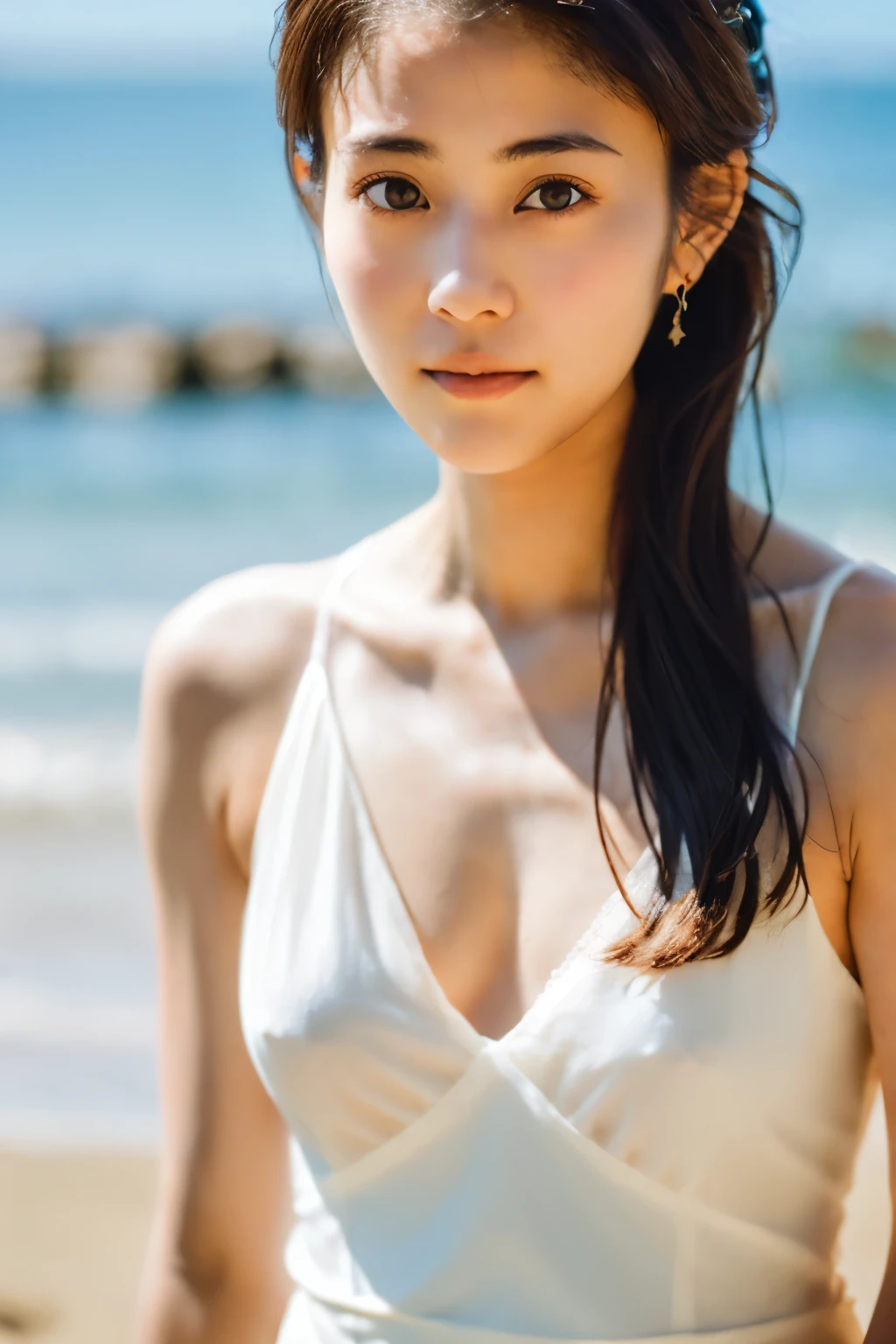 8k, highest quality, masterpiece, super high resolution, (realistic:1.4), RAW Photos, (Film Grain:1.3), One Girl, portrait of a skinny Japanese woman, 30 years old, standing on the beach, a cute face, detailed face, detailed eyes, {short|long} hair, correct body anatomy, wearing a see-through white dress, photogravure