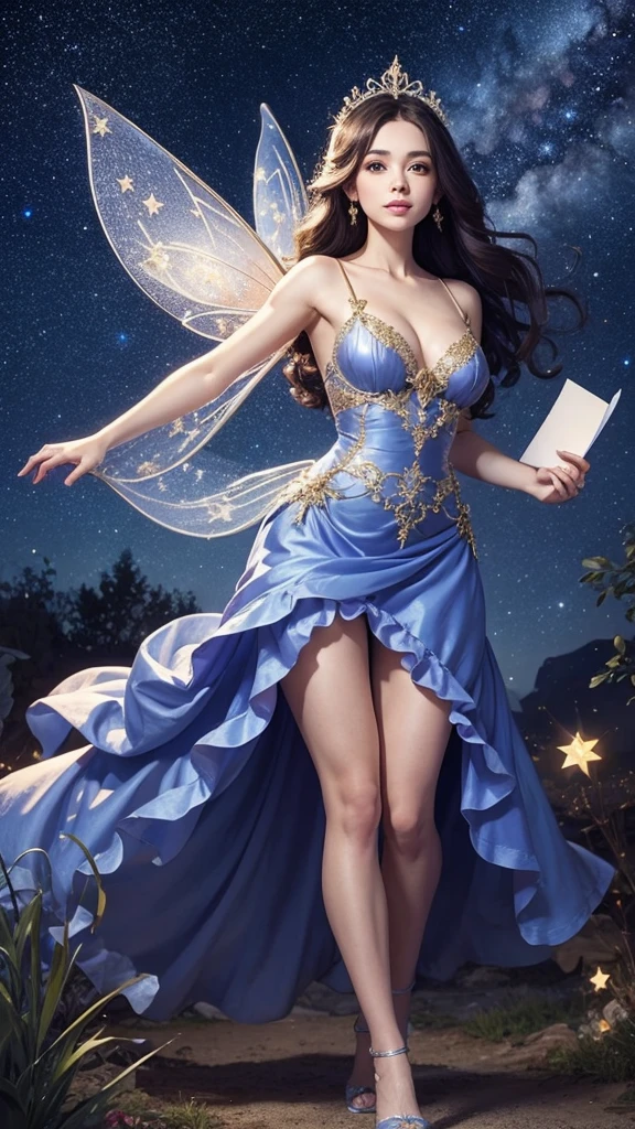 A beautiful fairy, holding a large envelope, on a beautiful, starry night