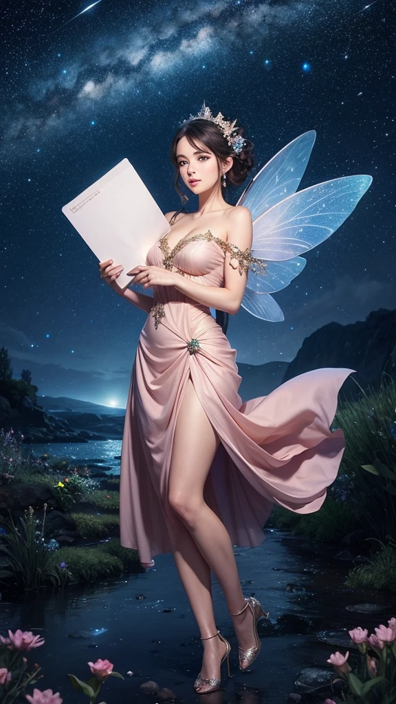 A beautiful fairy, holding a large envelope, on a beautiful, starry night