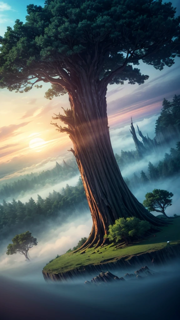A towering tree, There is a big tree on the island in the lake, Tree trunks and branches pierce the sky, world Tree, Mysterious space, FOG, Floating Light, Soft lighting effects, bright, ((Wide-angle lens, Low angle shot:1.4)), (best quality:1.2, Very detailed, Detailed illustration, Attention to detail, masterpiece:1.2, Best aesthetics),
