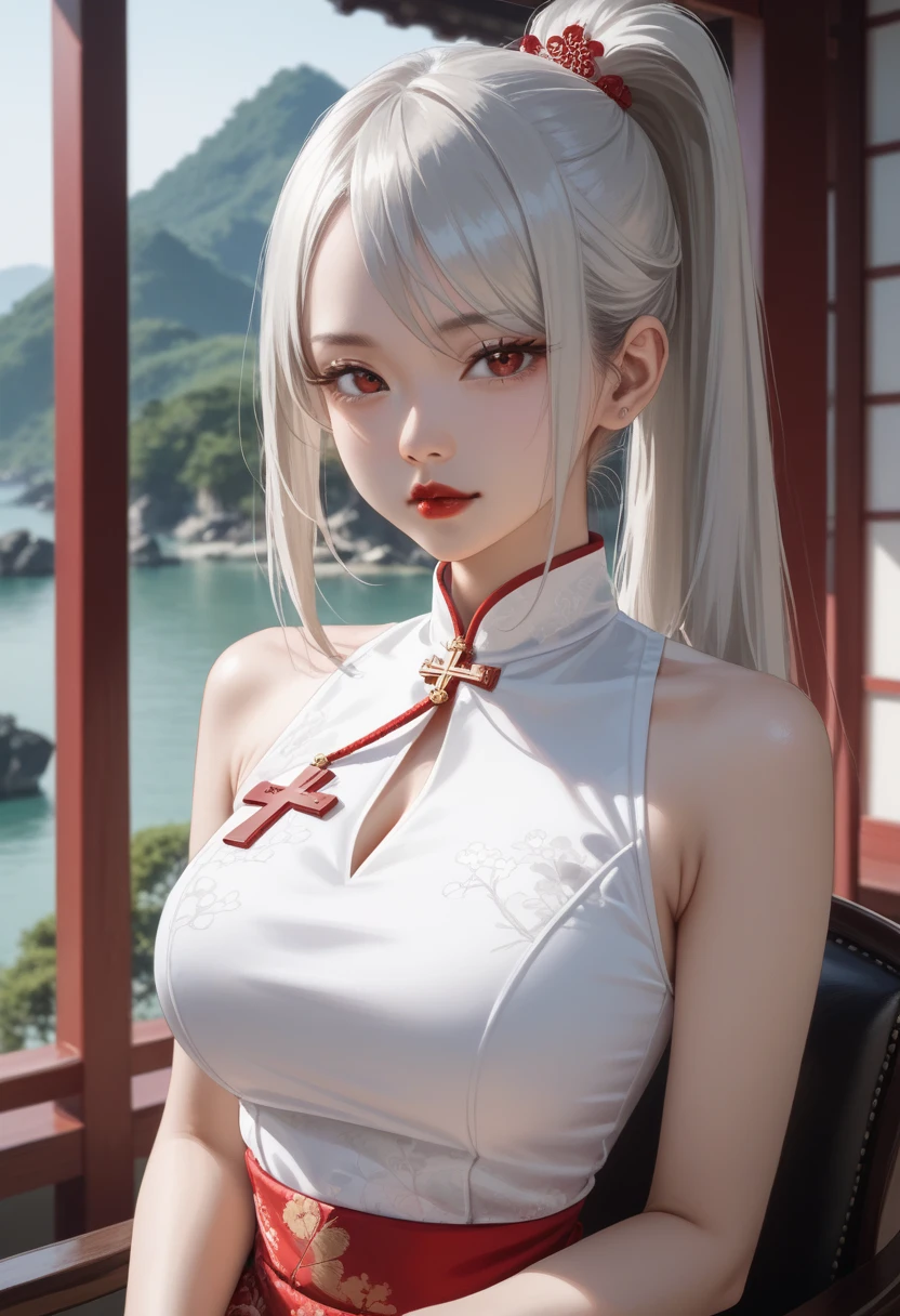 One girl, solo, top ponytail, silver hair, staring at you, red eyes, red contact lenses, red lips, waist-length hair, large breasts, ball-shaped breasts, cleavage, tight waist, gentle face, beautiful Japanese woman, five fingers, wearing a mini cheongsam with a slit and sitting cross-legged