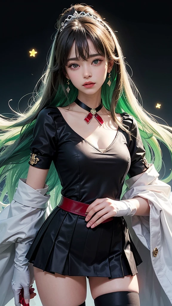 - **Hair:**
- Long, dark green hair reaching the thighs.
- Styled with bangs and a topknot.
- **eyes:**
- Large, expressive eyes with dark pupils.
- Sharp, determined gaze.
- **Skin Tone:**
- Light skin tone.
- **Facial Features:**
- Small, pointed nose.
- Full lips.
- Yellow star-shaped earrings.
- Yellow tiara with a red gem in the center.
- **Upper Body:**
- White sailor-style top with brown collar.
- Brown bow at the chest with a red heart-shaped brooch.
- White gloves reaching just above the elbows.
- Black choker necklace with a yellow star pendant.
- **Lower Body:**
- Short brown pleated skirt with a black belt and silver chain.
- Long brown ribbon tied at the back of the waist.
- Black knee-high boots with white V-shaped trims.
- **Accessories:**
- Holding a long, silver staff with a heart-shaped top and a red gem.
- **Pose:**
- Standing confidently with one hand on the hip and the other holding the staff.
One girl, solo, Long Hair, Green Hair, Raised ponytail, Large Breasts, Simple Background,