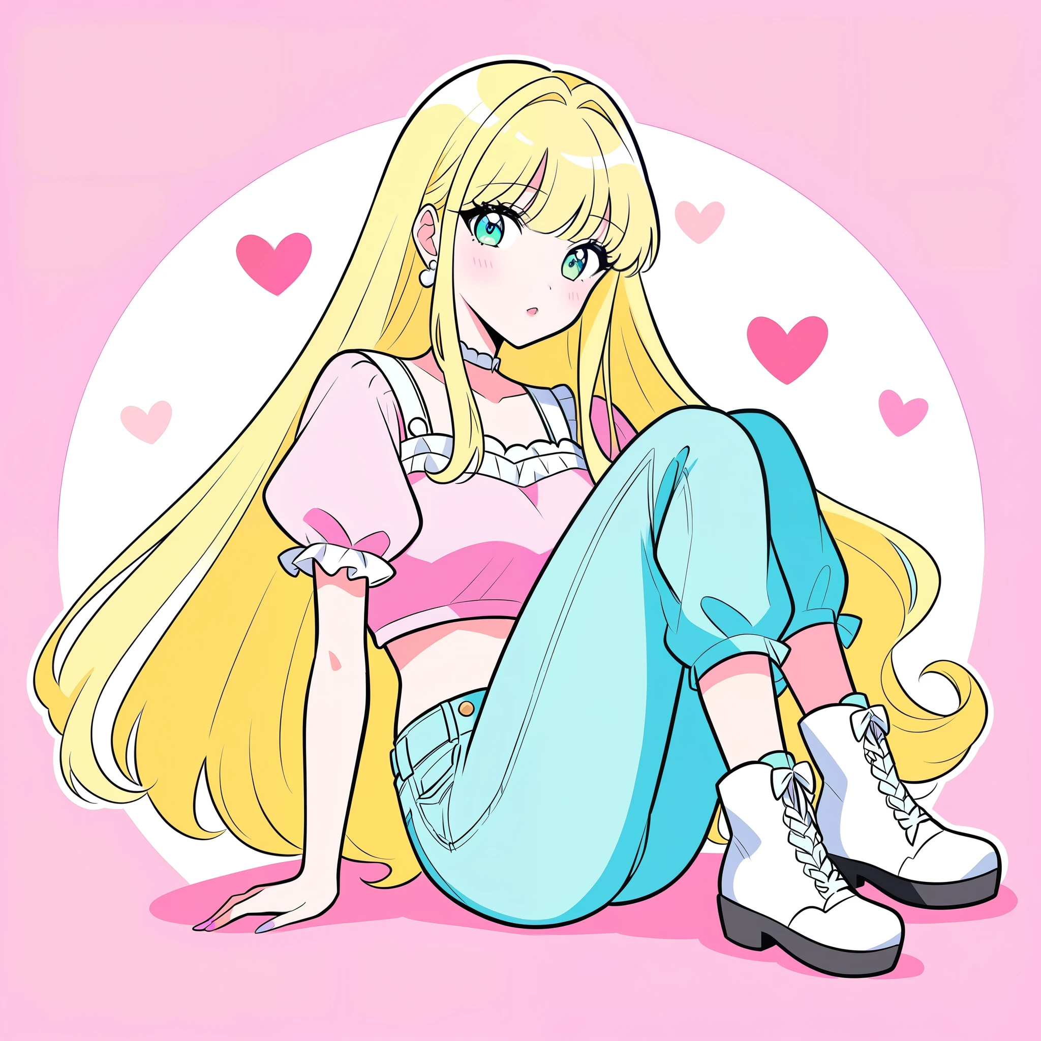  Aurora, cartoon Sleeping Beauty 1989, character, Disney anime style, illustration, kawaii style, pastel style, blonde hair, vibrant, bold, light makeup, light eyes, black eyeliner, pink crop top, jeans, white boots 