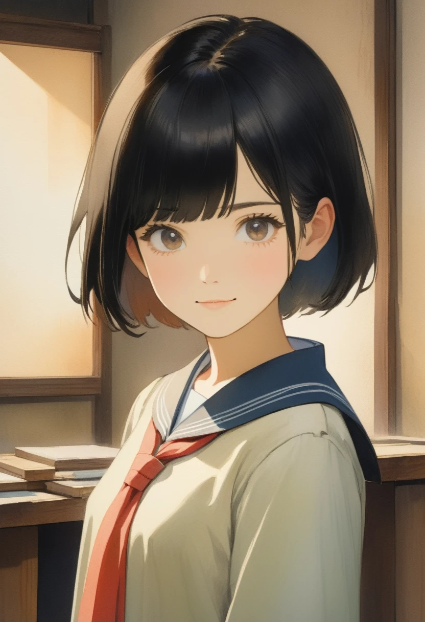 A Japanese watercolor painting, flat color, a girl, school uniform, whole body, short straight black hair, standing in the atelier, in front of the canvas, detailed face, innocent gentle smile