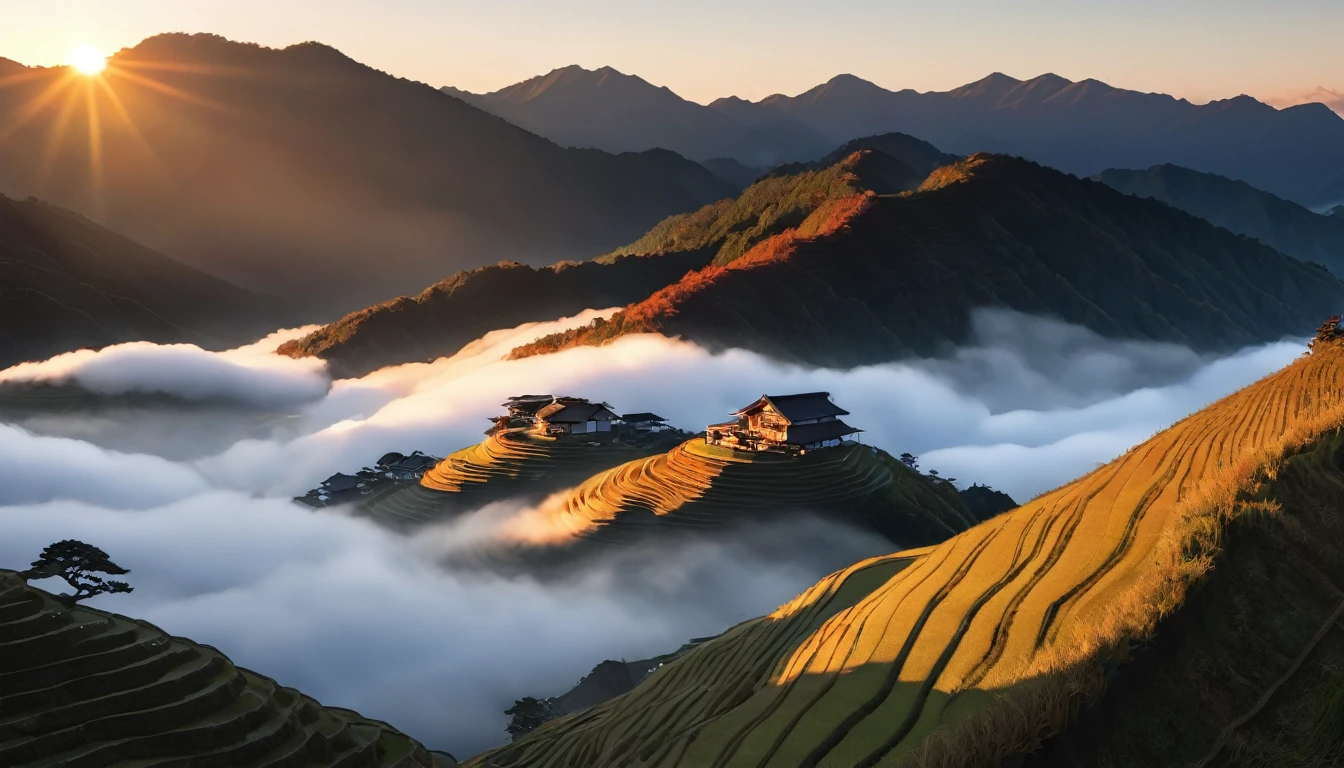 Japanese countryside scenery, Rice terraces, Azemichi, autumn, sunny, sea of clouds, morning, (Highest quality,4K,8k,High resolution,masterpiece:1.2),Very detailed,(Realistic,photoRealistic,photo-Realistic:1.37),High resolution,超High resolution,Studio Lighting,Vibrant colors,Professional