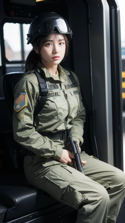 Female special forces soldier Alice wearing M-51 military uniform，Wearing a helmet，Sitting in the cab of Luther&#39;s jeep。Hands on the steering wheel，Her belt magazine pouch is full，The Chinese armband and eagle armband on her arm seem to tell of her perseverance and courage.。
