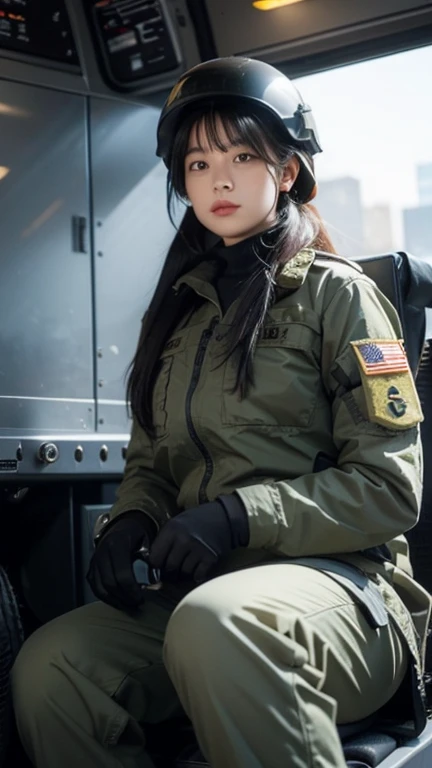 Female special forces soldier Alice wearing M-51 military uniform，Wearing a helmet，Sitting in the cab of Luther&#39;s jeep。Hands on the steering wheel，Her belt magazine pouch is full，The Chinese armband and eagle armband on her arm seem to tell of her perseverance and courage.。
