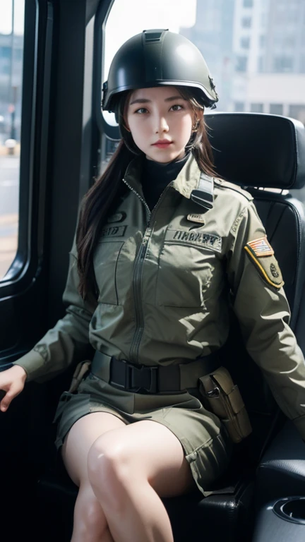 Female special forces soldier Alice wearing M-51 military uniform，Wearing a helmet，Sitting in the cab of Luther&#39;s jeep。Hands on the steering wheel，Her belt magazine pouch is full，The Chinese armband and eagle armband on her arm seem to tell of her perseverance and courage.。
