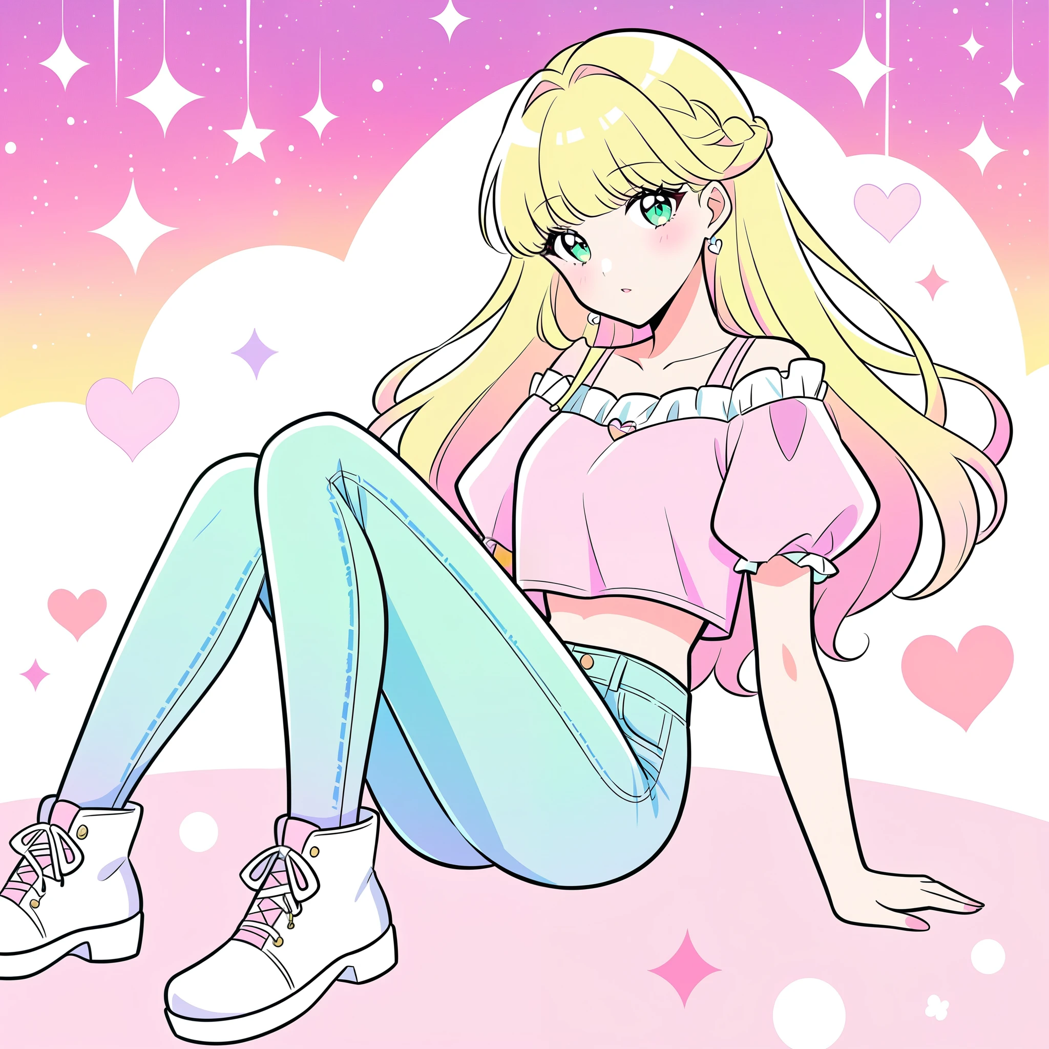  Aurora, cartoon Sleeping Beauty 1989, character, Disney anime style, illustration, kawaii style, pastel style, blonde hair, vibrant, bold, light makeup, light eyes, black eyeliner, pink crop top, jeans, white boots 