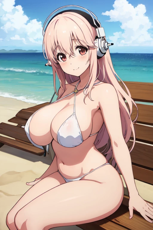 (8k, RAW photo, best quality, masterpiece:1.2),1girl, solo,smile, Super Sonico, (hugebreasts:1.6),beach scenery, sitting on the sand, nude,