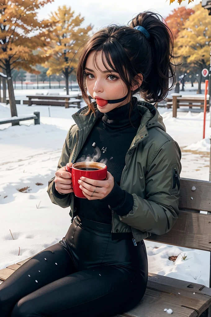 brown hair, ponytail, brown eyes, wearing a blue parka, black turtleneck, leggings, looking at viewer, blush, plainredballgag,ball gag, sitting, on bench, holding a coffee cup, outside, park, field, trees, autumn, snow, blue sky, high quality, masterpiece,  