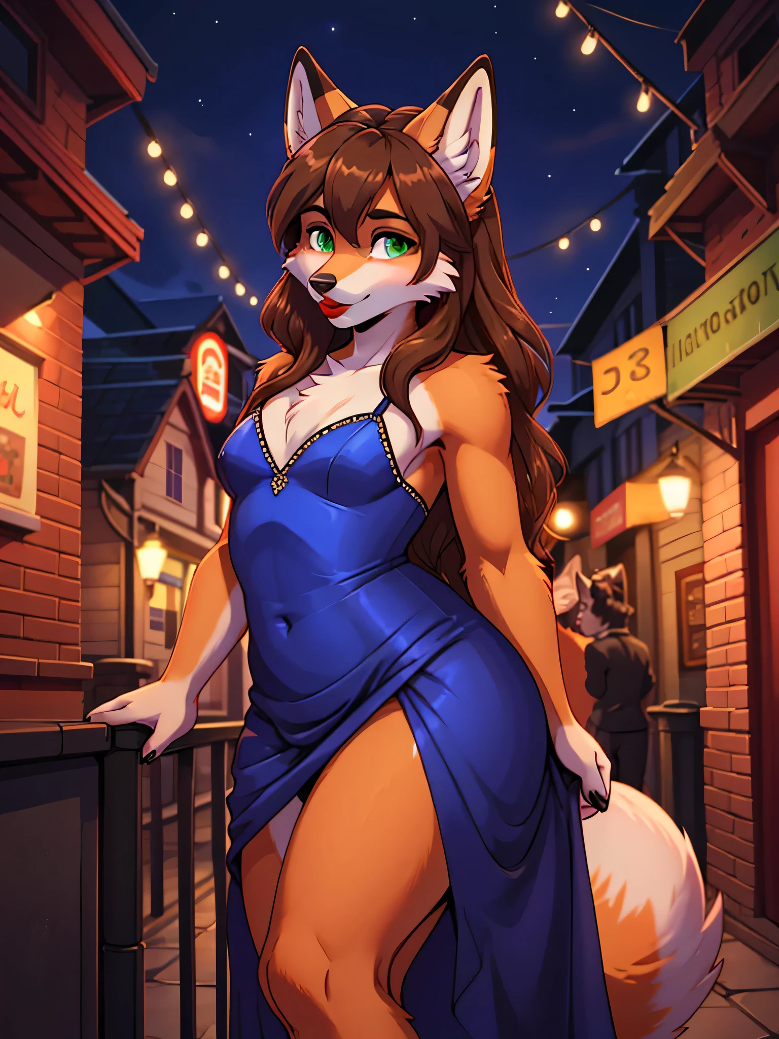 Best quality, furry male fox with green eyes, with brown long hair, with black spout, with red lipstick on lips, big lips, in a blue dress, crossdressing, in temptation, shy,  pose, stands seductively against the backdrop of the night street 