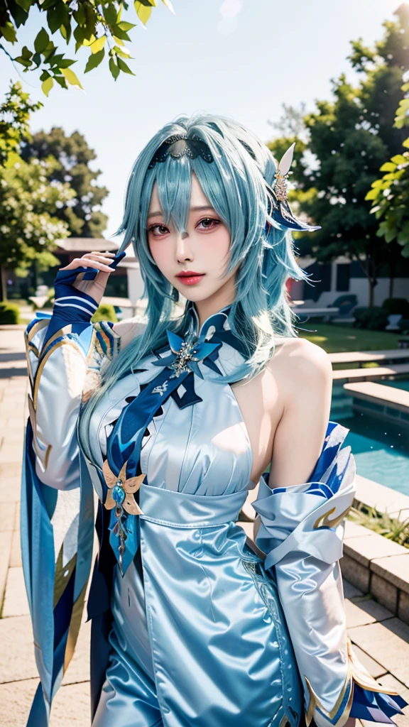 Beauty of a goddess, slim face, light smile, beautiful wan, 1girl, solo, (masterpiece:1.2), best quality, eula, genshin, high detailed, 8K resolution, looking at viewers, eula from genshin impact, outdoor, blue hair, hair ornaments, eula cosplay outfit