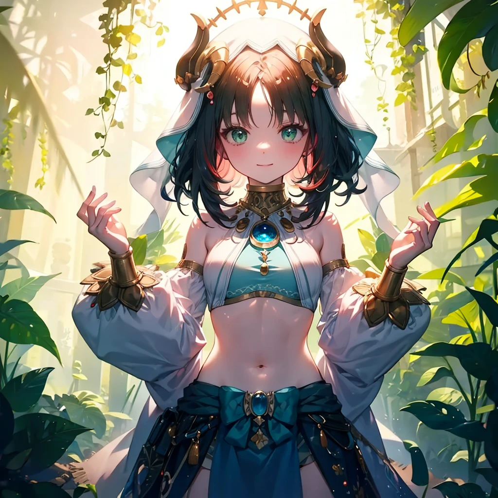 original character、Wide field、Blue sky、Uplifting、dancer、Black Hair、The tips of the hair are green、Gradation、Green garments、Twirl、Spread your hands、Lots of leaves around、The girl who manipulates leaves、Smile gently、Small breasts、Slightly split abs、White skin