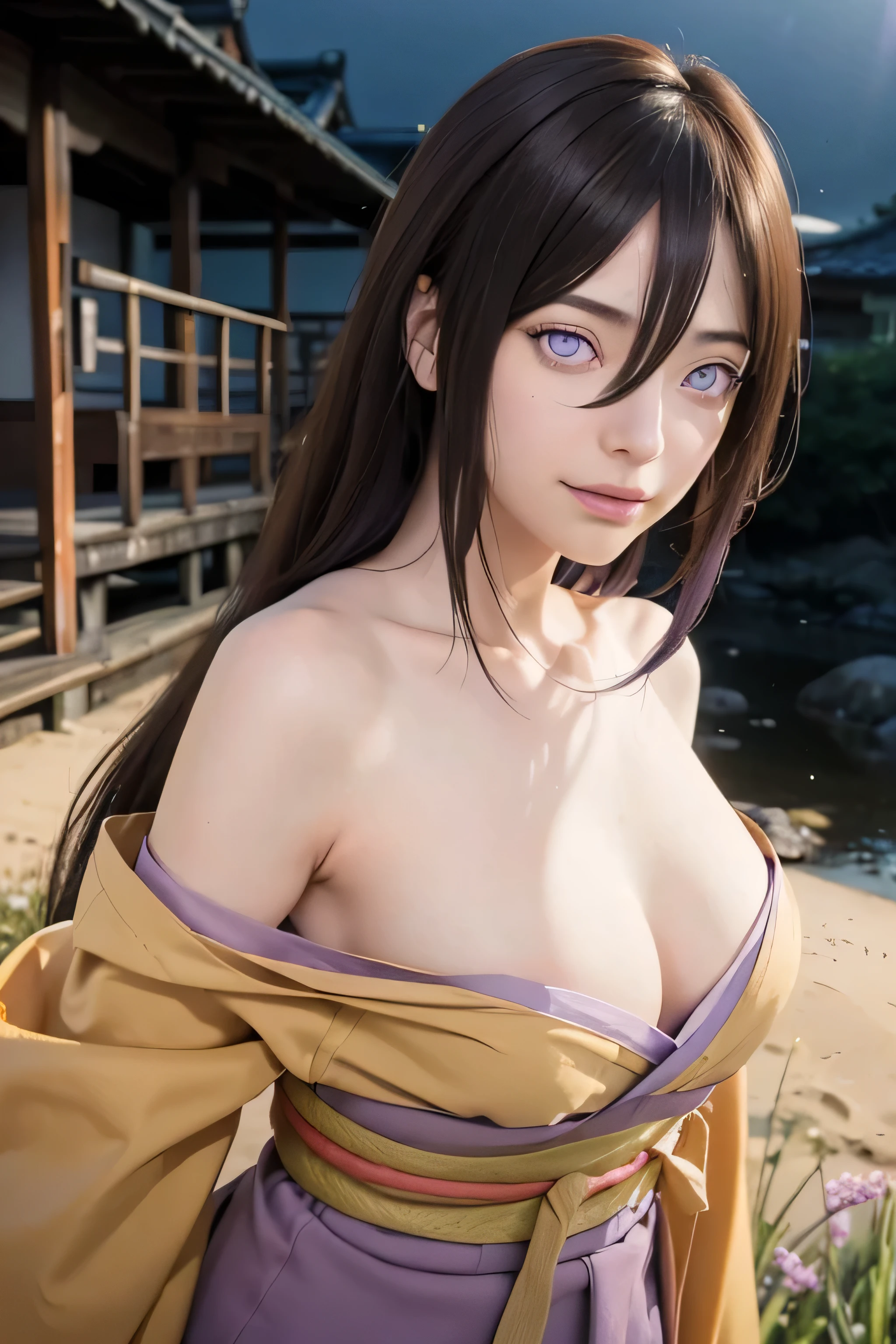 masterpiece, best quality, (realistic,photo-realistic:1.4), (RAW photo:1.2), extremely detailed CG unity 8k wallpaper, delicate and beautiful, amazing,finely detail, official art, absurdres, incredibly absurdres, huge filesize, ultra-detailed,extremely detailed eyes and face,light on face,hanabi,(little smile),(brown hair:1.4),(long hair:1.3),(wearing kimono:1.4),(nature background:1.4),(light purple eyes:1.5)