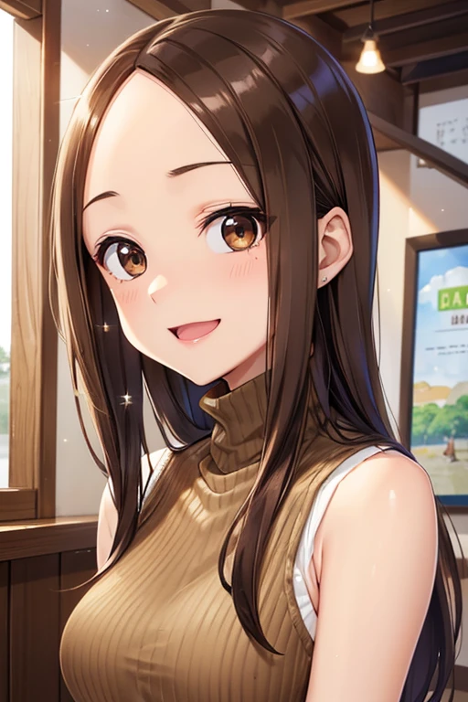 Takagi-san、Shiny brown hair, Straight Long Hair,((Medium chest、Forehead、Center part))、 Beautiful brown eyes、smile、Sparkling eyes, (fine grain)、Very fine eye、Highly detailed face, Highly detailed eyes, Cowboy Shot、


16K、masterpiece、High resolution、30-year-old woman、Large Breasts、((Sleeveless turtleneck sweater))、Laughing with your mouth open、Very close、Cafe