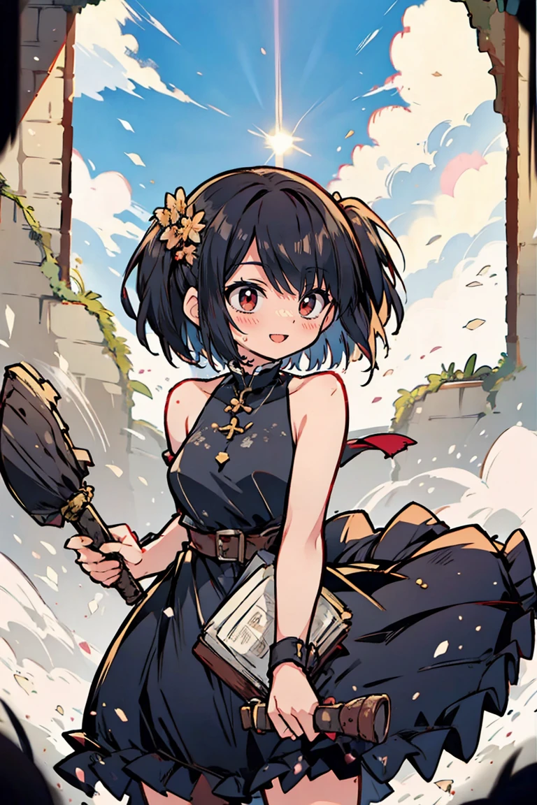 (masterpiece:1.2), (high quality:1.2), hasuichi nishizono, girls with((1girl, solo, black hair, (medium hair, right swept bangs, one side up:1.55), bare shoulder, blush, breasts, cowboy shot, chinese dress, sleeveless, hand cuffs, blue cheongsam, long dress, (open dress:1.34), black shorts)), background with((fantasy world, ruin, castle, beautiful sky, shining sky, sunshine:1.35))