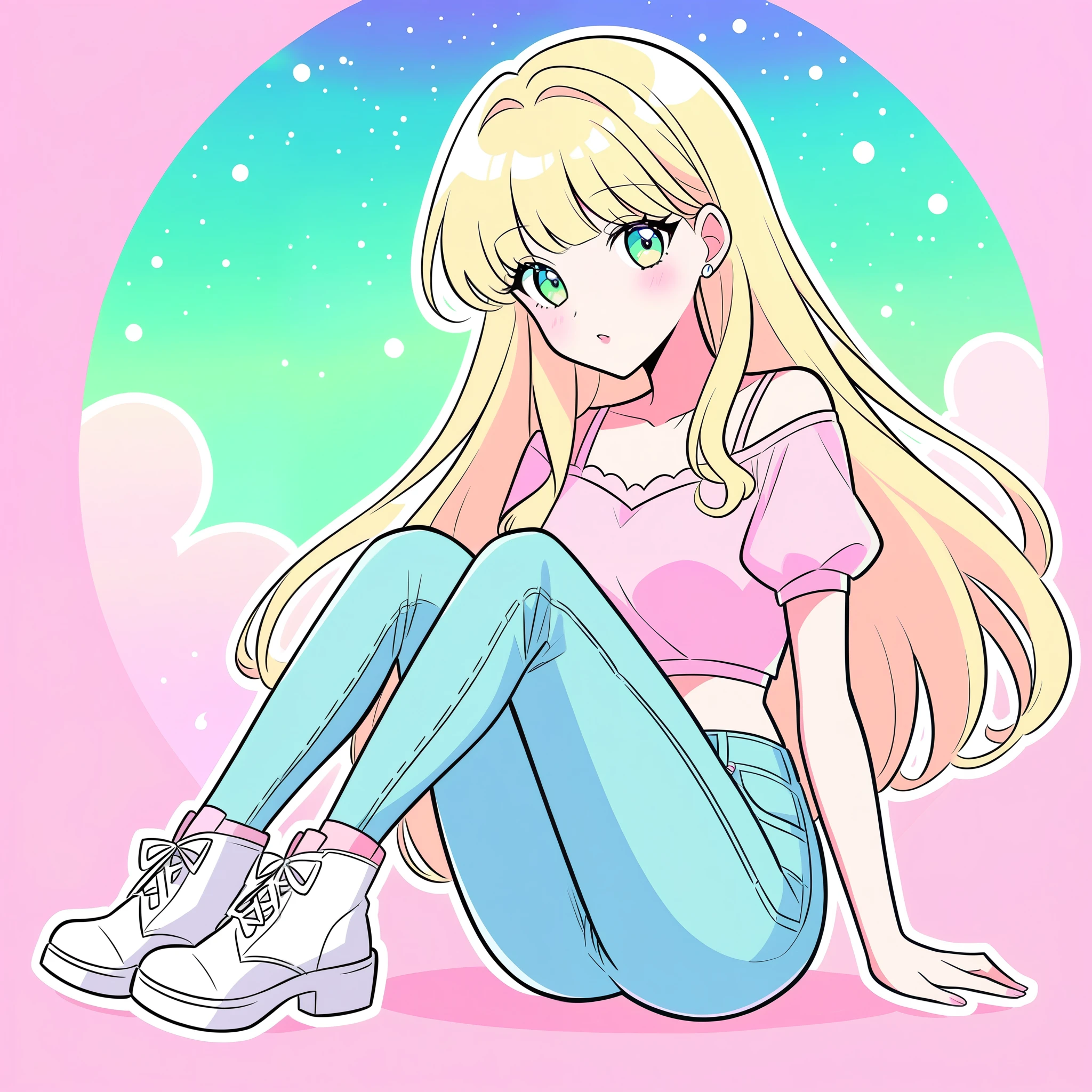  Aurora, cartoon Sleeping Beauty 1989, character, Disney anime style, illustration, kawaii style, pastel style, blonde hair, vibrant, bold, light makeup, light eyes, black eyeliner, pink crop top, jeans, white boots 