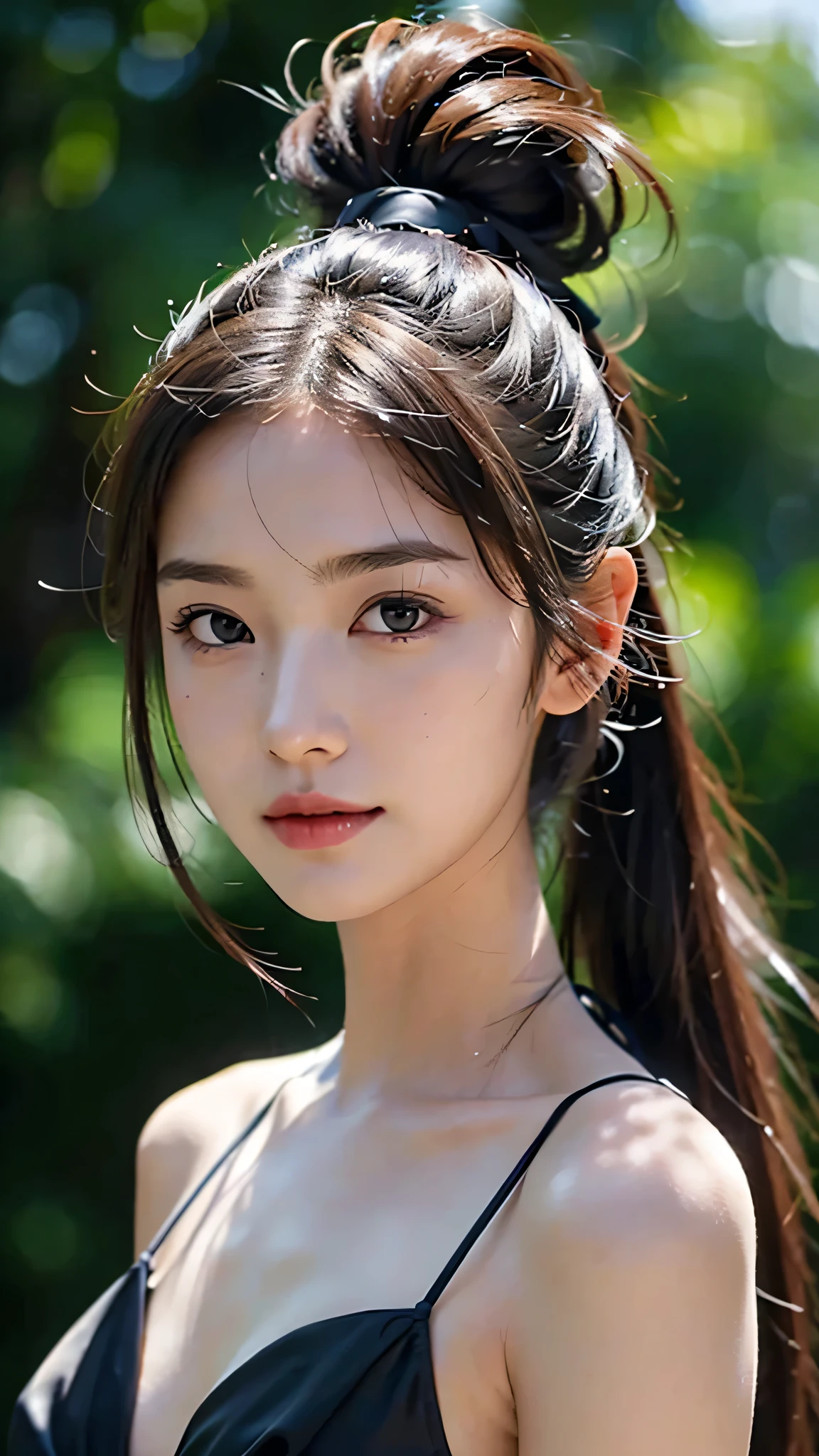 bikini,Bust Shot,Body in front,masutepiece, The highest image quality, High quality, the background is clear,Beautiful woman, Japanese, Detailed, Ultra-detailed, finely detail, hight resolution, 8K Wallpaper, Perfect dynamic composition, Beautiful detailed eyes ,Detailed eyes, Detailed skin, Beautiful skin, 超hight resolution, (reality: 1.4),Very beautiful woman, Slightly younger face, Beautiful skin, slender, (Ultra photo realsisim), (hight resolution), (8K), (Very detailed) (beautifully detailed eyes), (super detailed),   (Detailed face), view the viewer, Fine details, Detailed face, Staring straight ahead, Staring straight ahead, photos realistic, Bright lighting, Professional Lighting, Black hair,poneyTail,a baby face,sixteen years old,Hairstyle: ponytail,Long ponytail hairstyle,slight smile,