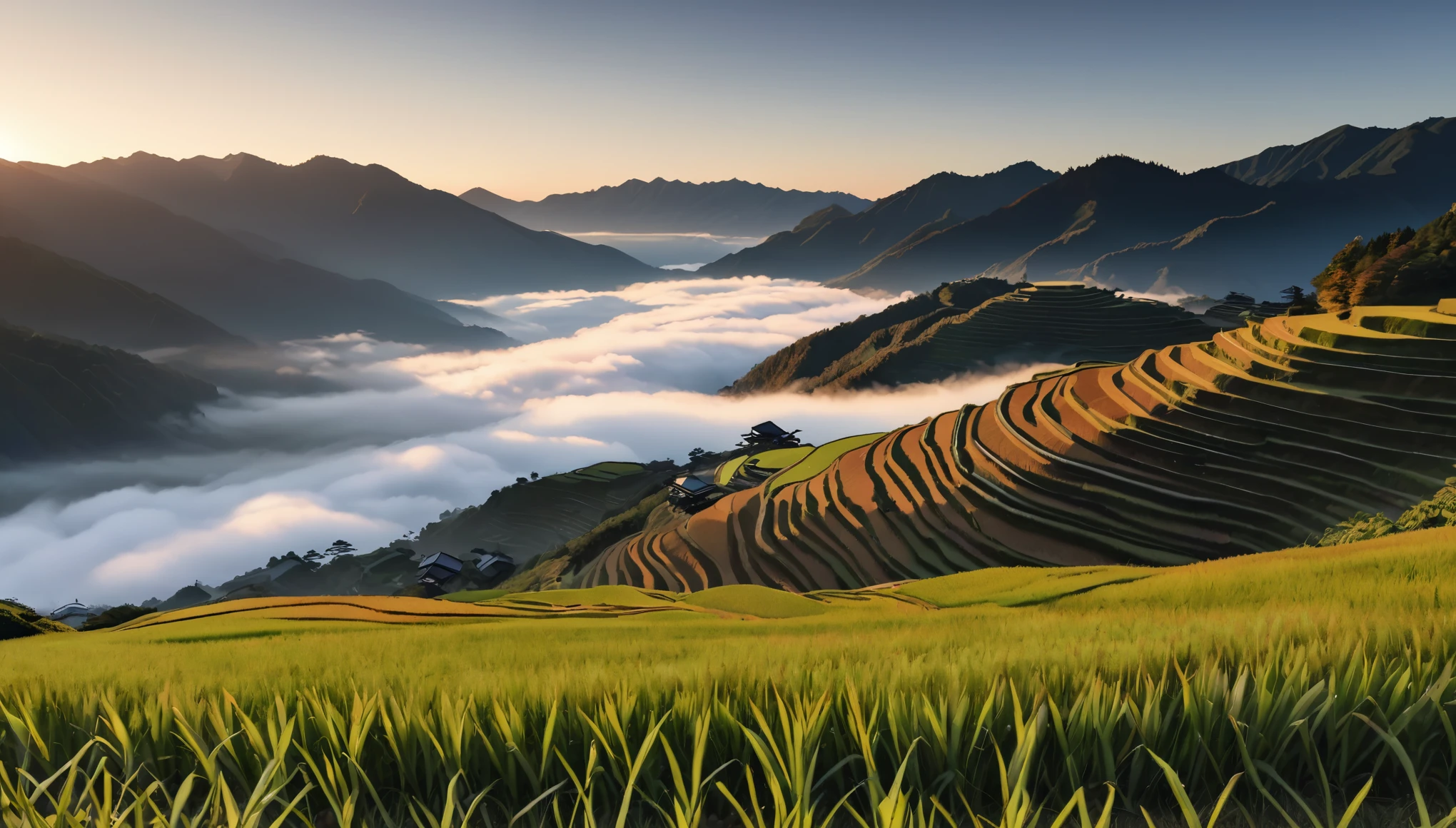 Japanese countryside scenery, Rice terraces, Azemichi, autumn, sunny, sea of clouds, morning, (Highest quality,4K,8k,High resolution,masterpiece:1.2),Very detailed,(Realistic,photoRealistic,photo-Realistic:1.37),High resolution,超High resolution,Studio Lighting,Vibrant colors,Professional