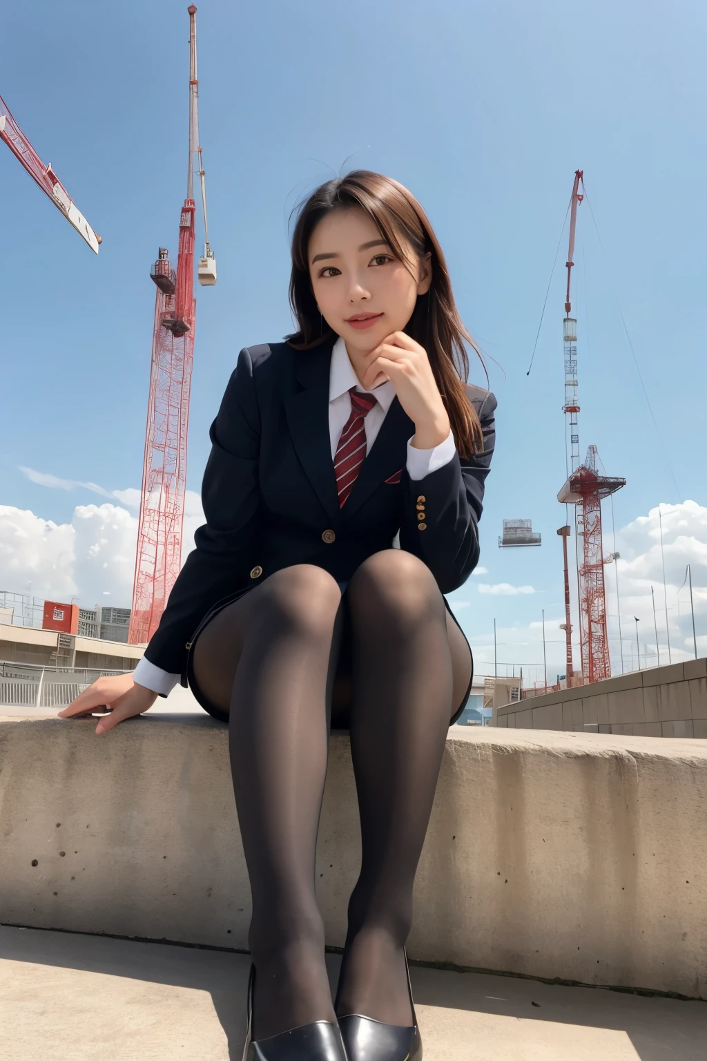 Arafed asian woman in a suit and tie sitting on a ledge - SeaArt AI